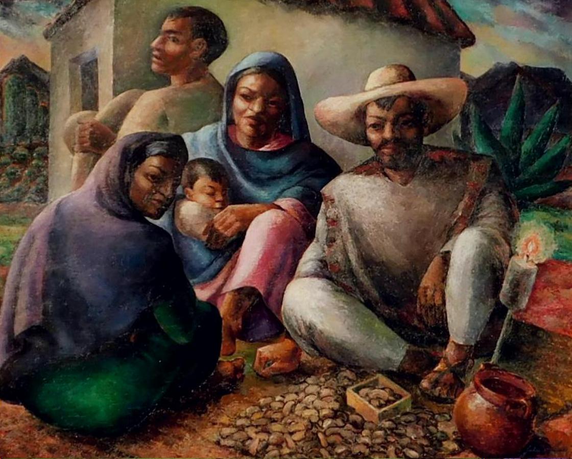 Julius Faysash (1904-1977) Hungarian/Ohio Artist Large Painting - Mexico Street Life.   
Oil on Board, Circa 1970. Title: “Peanut Vendor”
Painting measures: 36