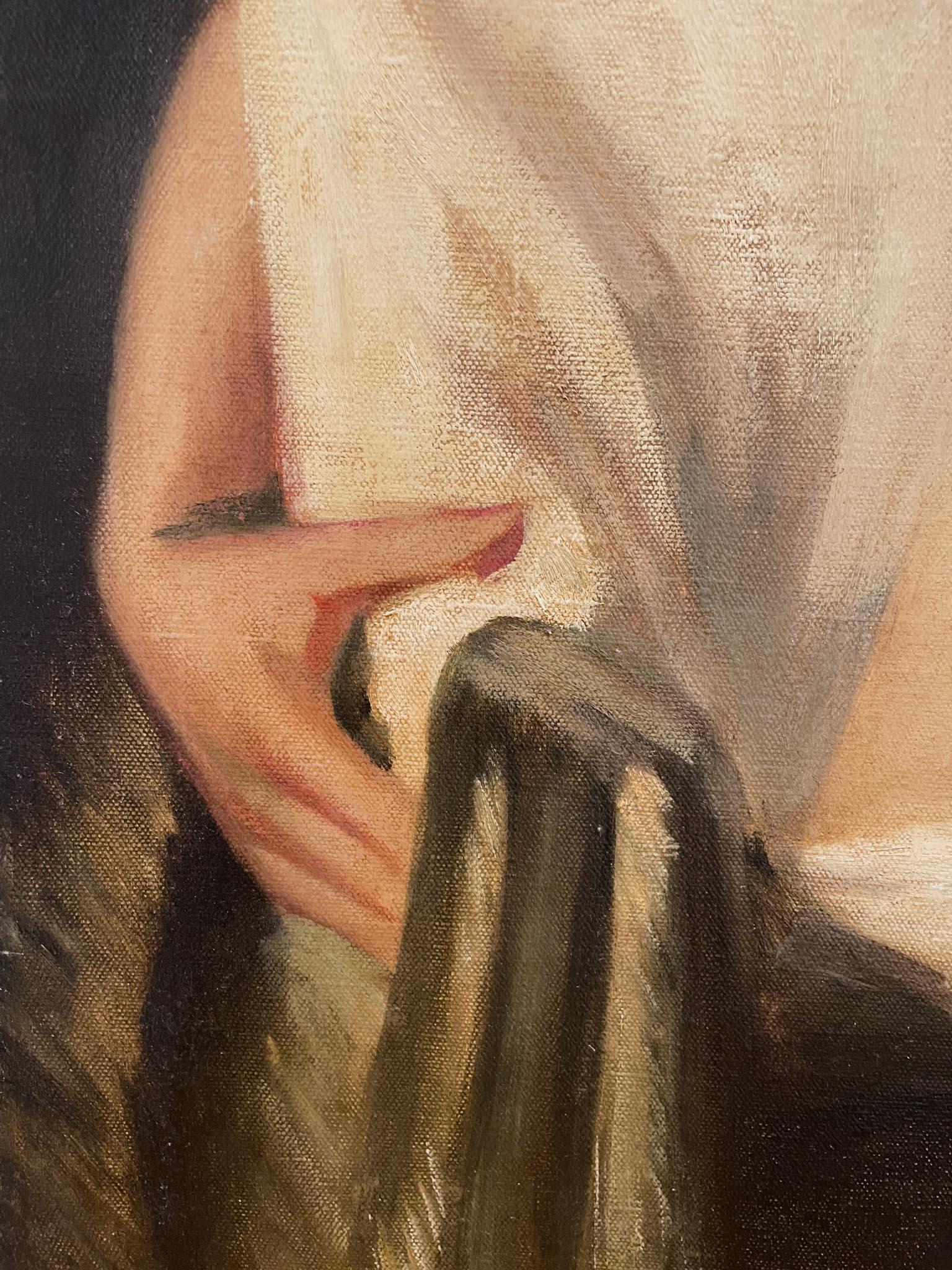 Femme nue contemplative de Julius Fehling (1869-1946)
Huile sur toile
39 ½ x 31 ½ pouces non encadré (100.33 x 80.01 cm)
Signé en bas à droite

Description :
Cette peinture à l'huile de Julius Fehling est une réalisation étonnante de l'anatomie et