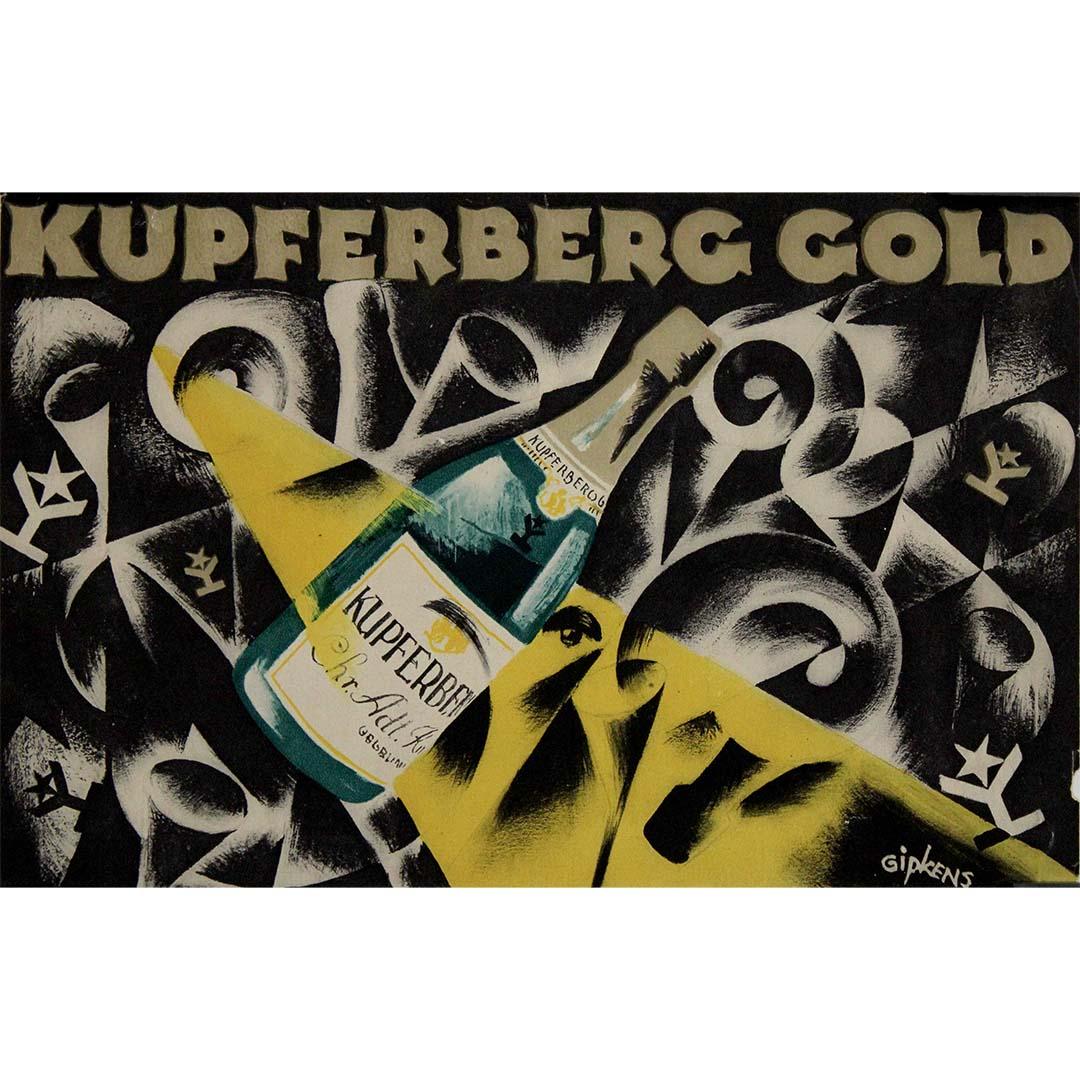 Este cartel original de época para Kupferberg Gold, diseñado por Julius Gipkens, es un sorprendente ejemplo del arte publicitario de principios del siglo XX. Gipkens, renombrado diseñador gráfico y cartelista alemán, era conocido por su habilidad