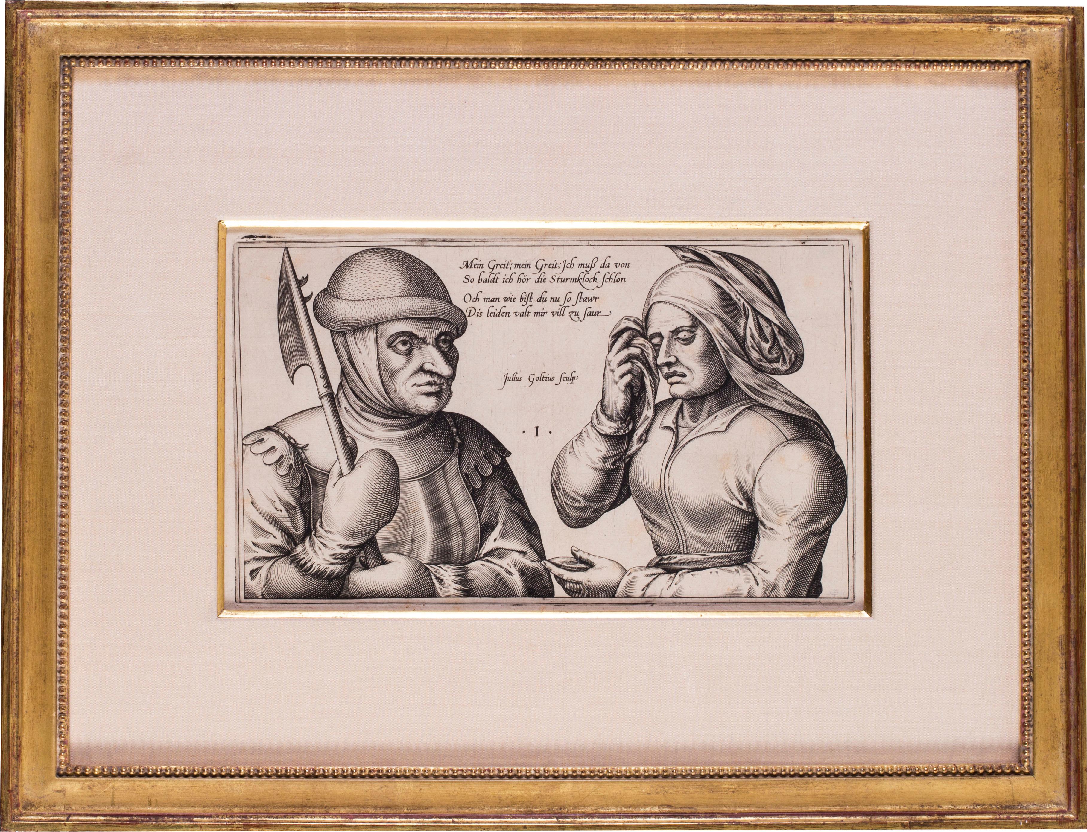 Julius Goltzius  Figurative Print - 17th Century Dutch engraving 'Mein Greit; Mein Greit'
