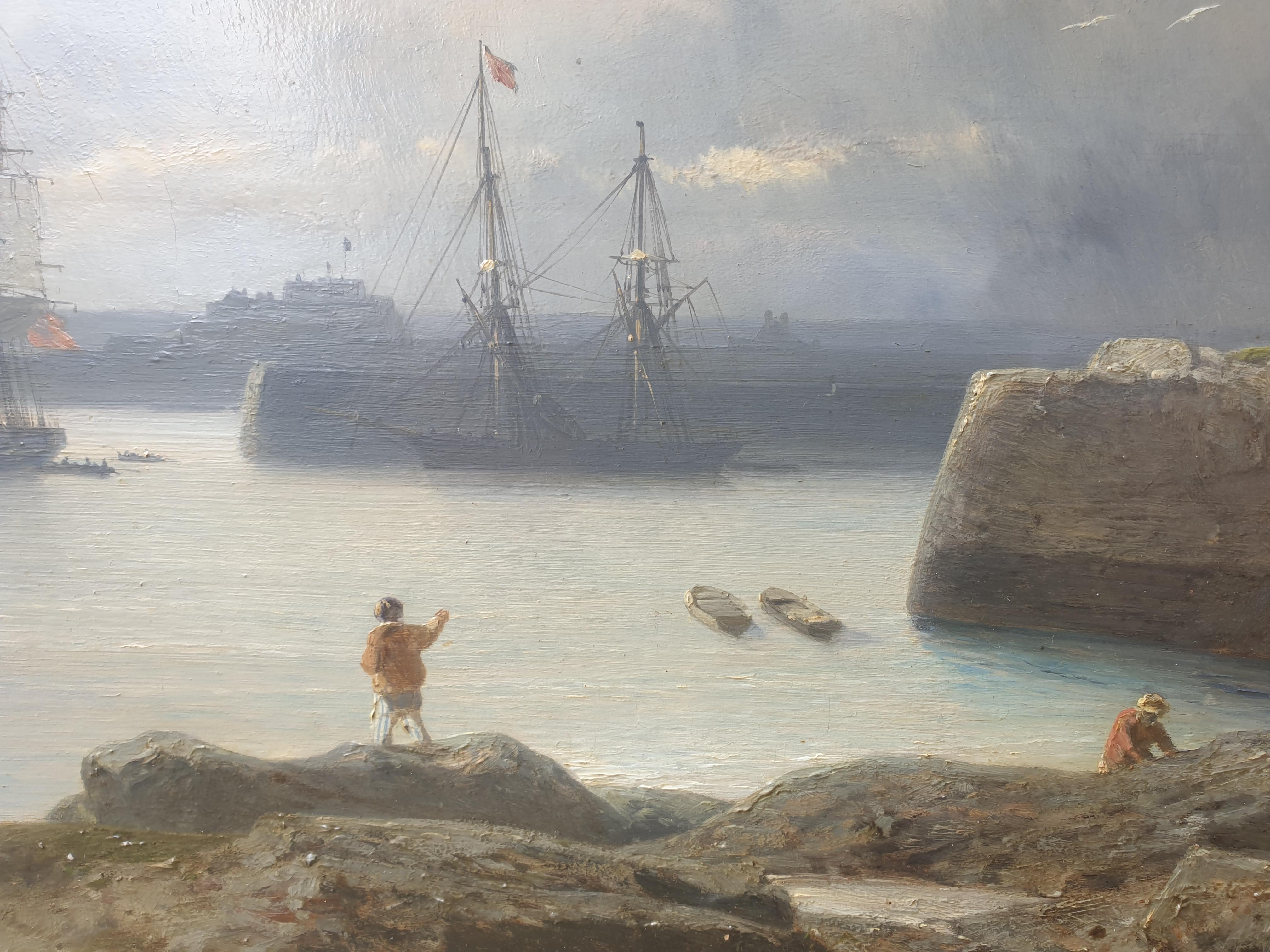 Jules HINTZ
Hamburg, 1813 – Paris, 1861
Oil on wood panel
28 x 41 cm (45.5 x 60 cm with frame)
Signed lower left “J. Hintz”
Titled on the back “Entrance to the port of Gersay Manche”
19th century gilded wood frame 

Jules Hintz is a German painter