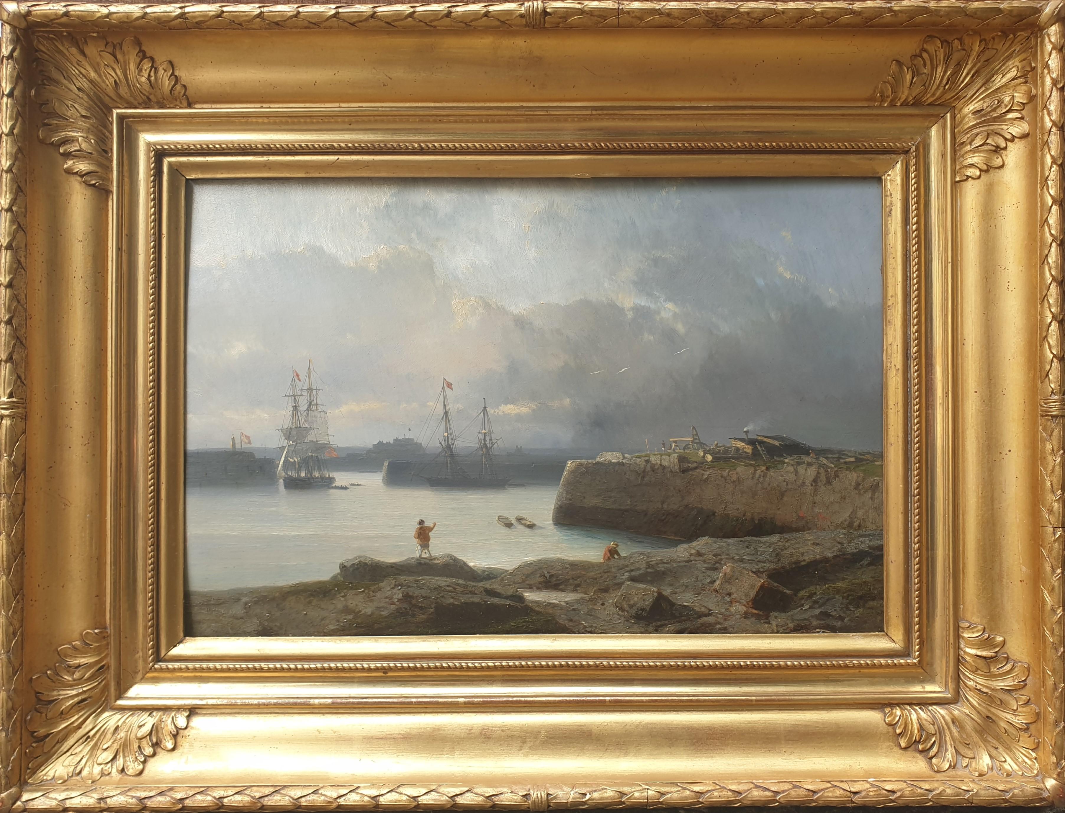 HINTZ Marine romantic painting Port Jersey German French 19th - Painting by Julius Hintz