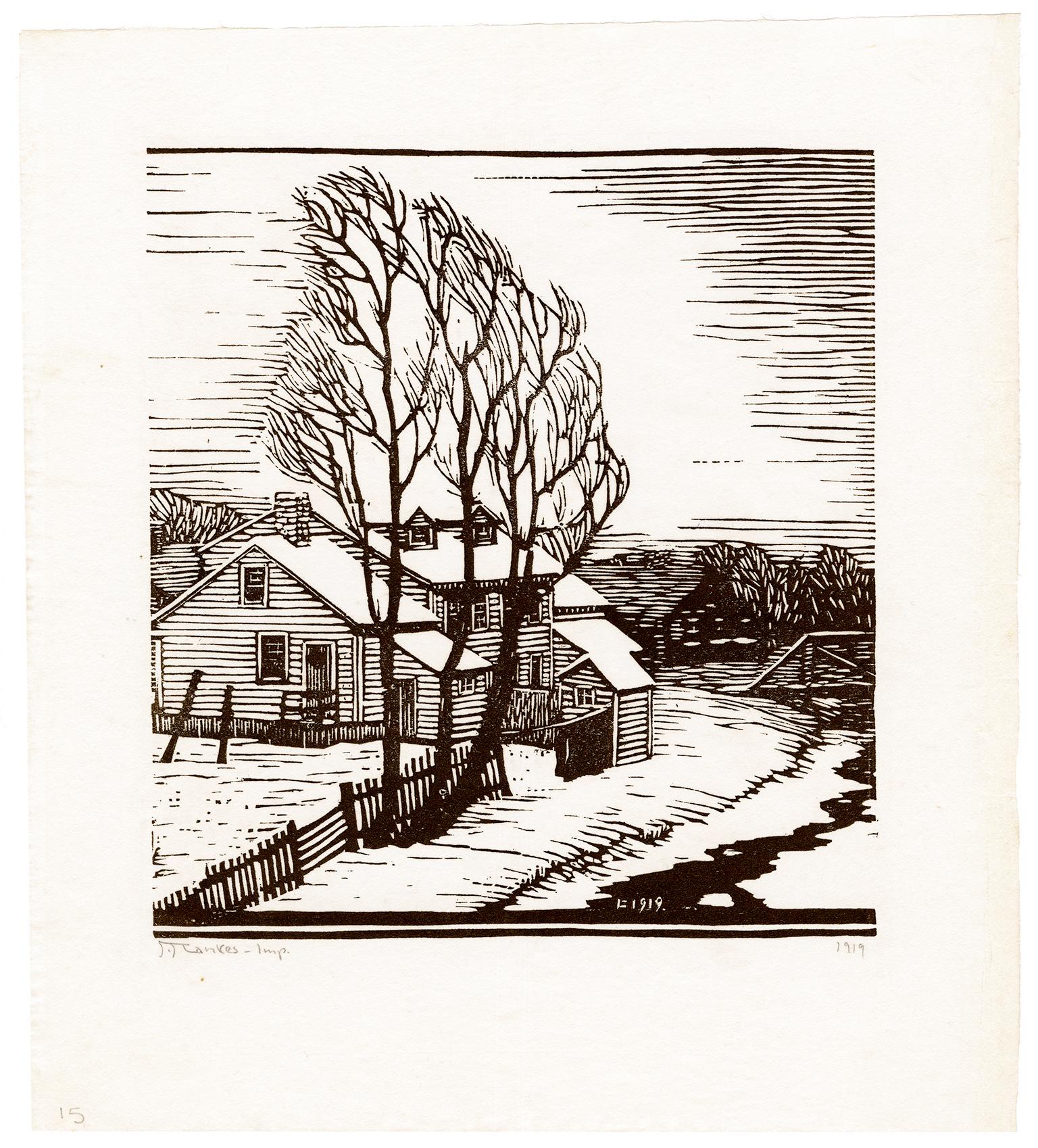 'Cottage in Winter' — Early 20th-Century Arts and Crafts - Print by Julius J. Lankes