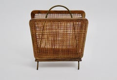 Julius Jirasek Style Mid-Century Modern Vintage Walnut Brass Magazine Rack 1950s