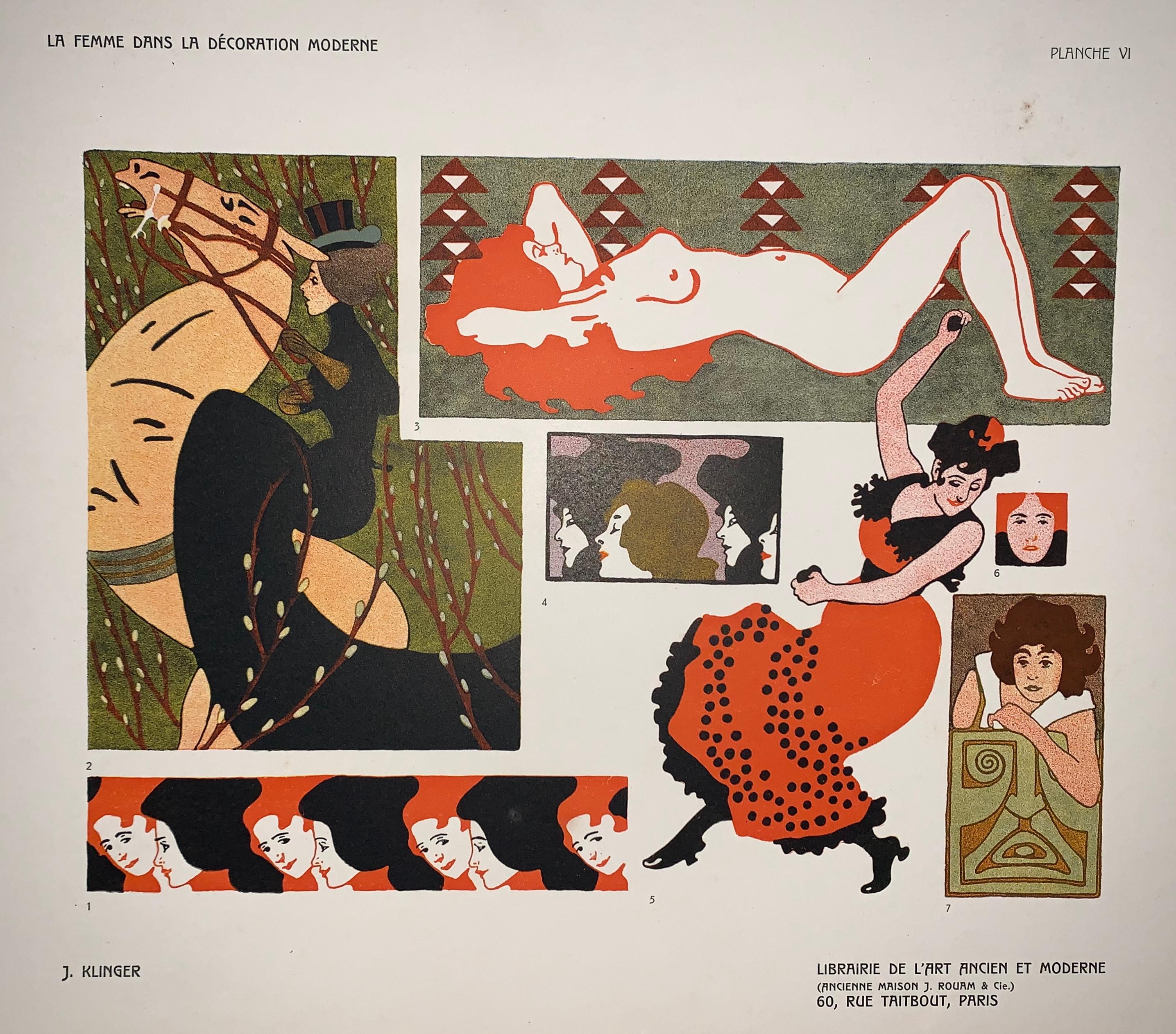 30 color plates of decorative designs for ornamental and interior design using women as the theme.  A classic example of Art Nouveau style and decoration for the Industrial Arts.