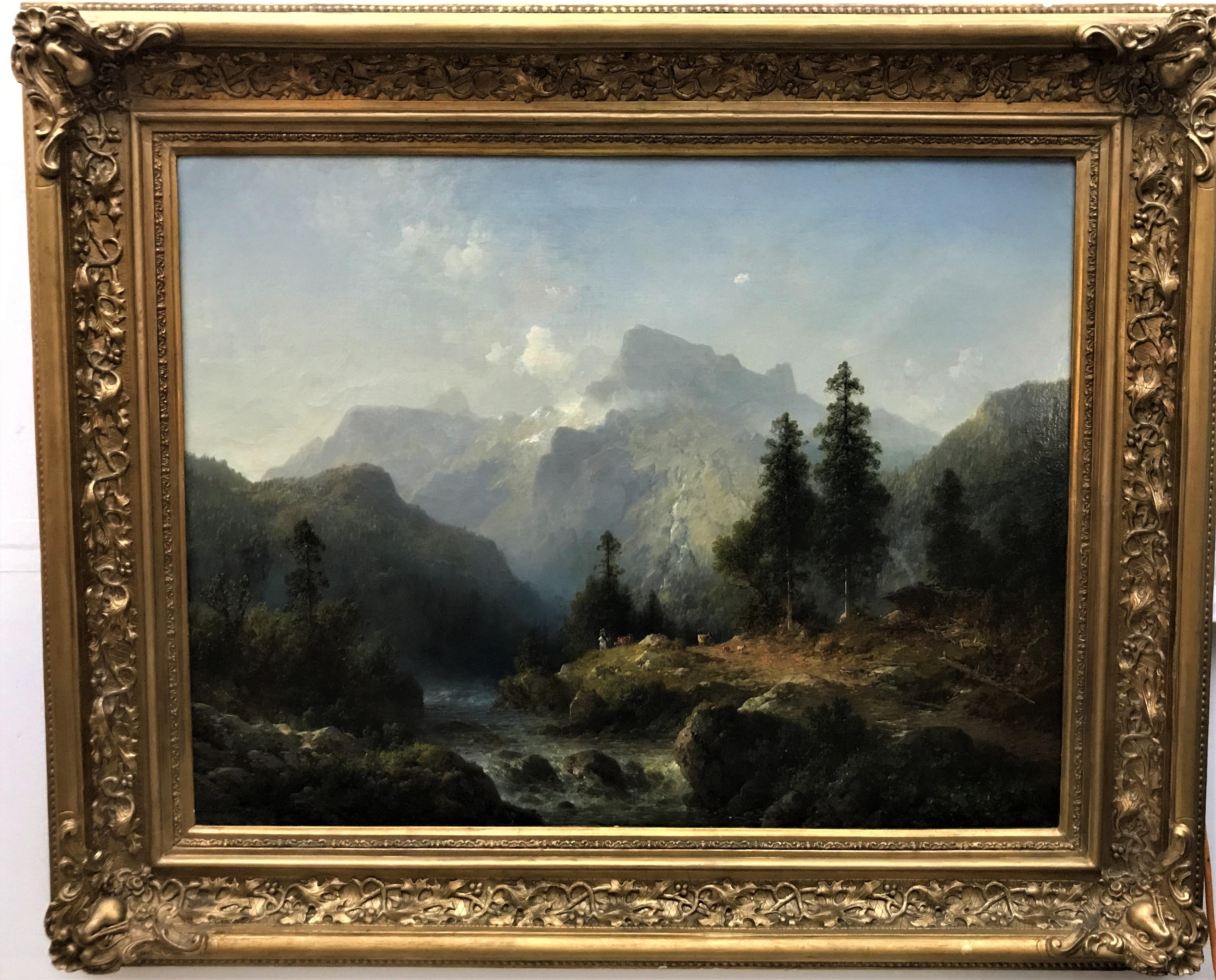 A Mountain River Scene, original oil on canvas, 19thC German artist - Painting by Julius Lange