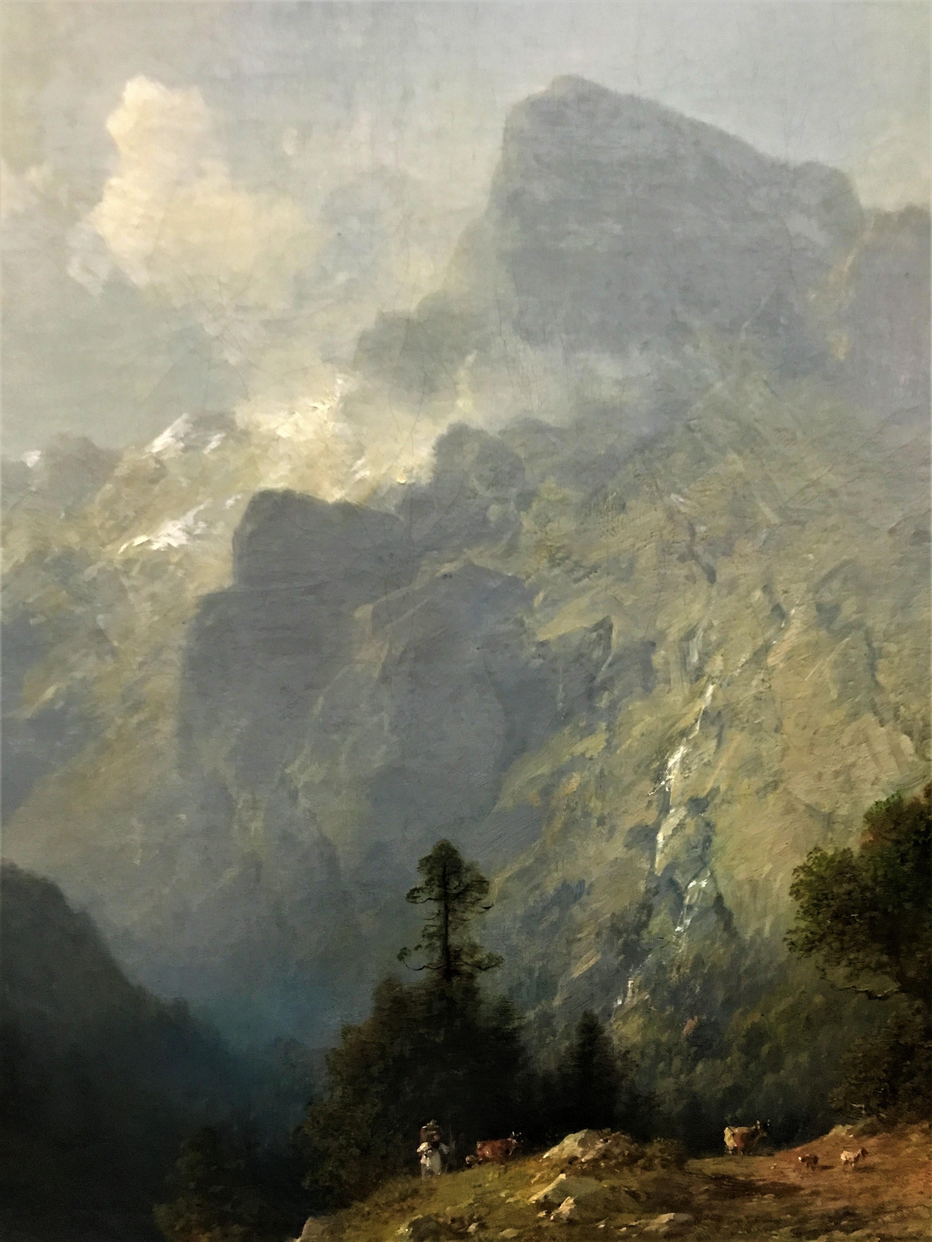 Escena de un río de montaña, óleo original sobre lienzo, 19thC German artist - Animal Painting Gris de Julius Lange