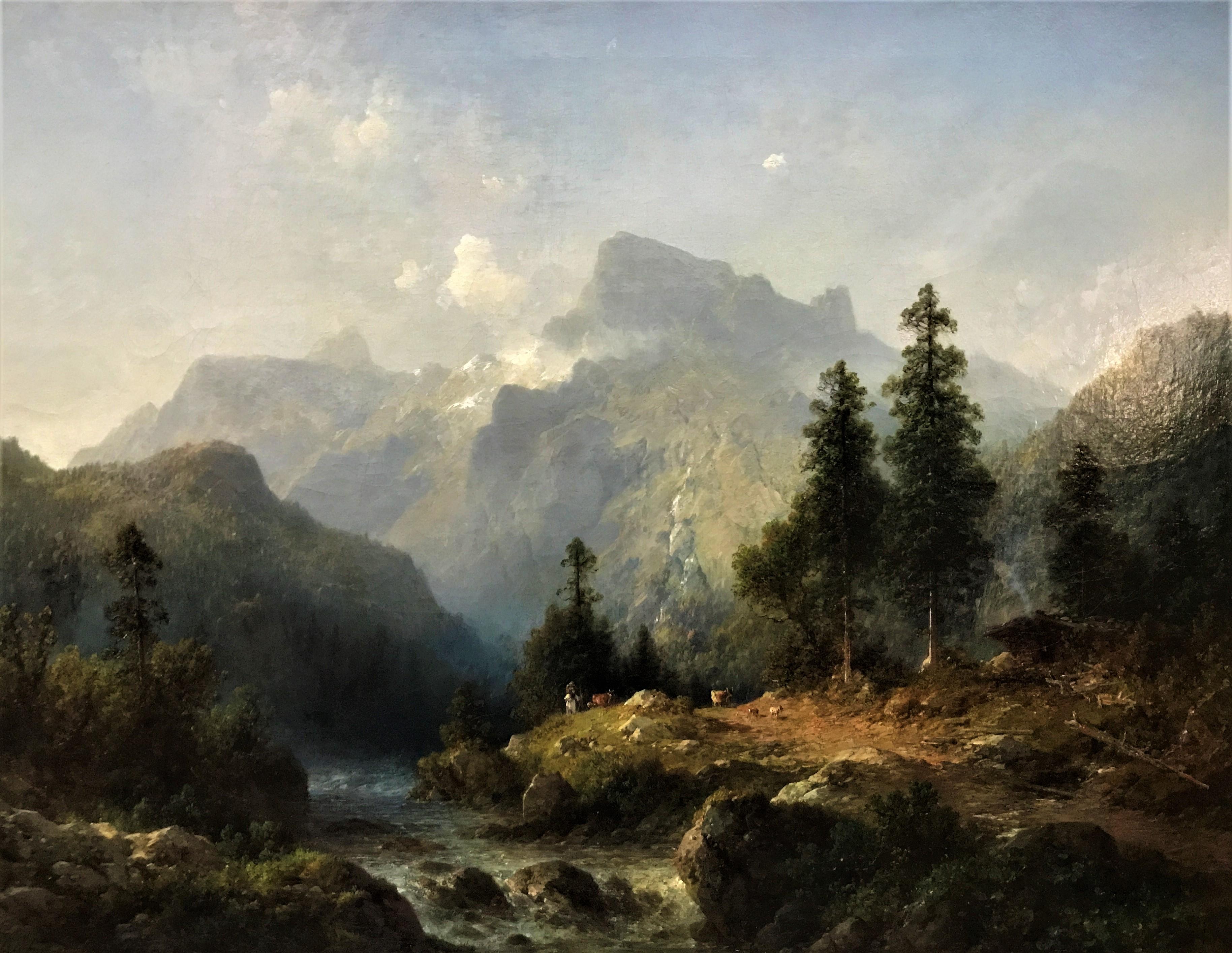 Julius Lange Animal Painting - A Mountain River Scene, original oil on canvas, 19thC German artist