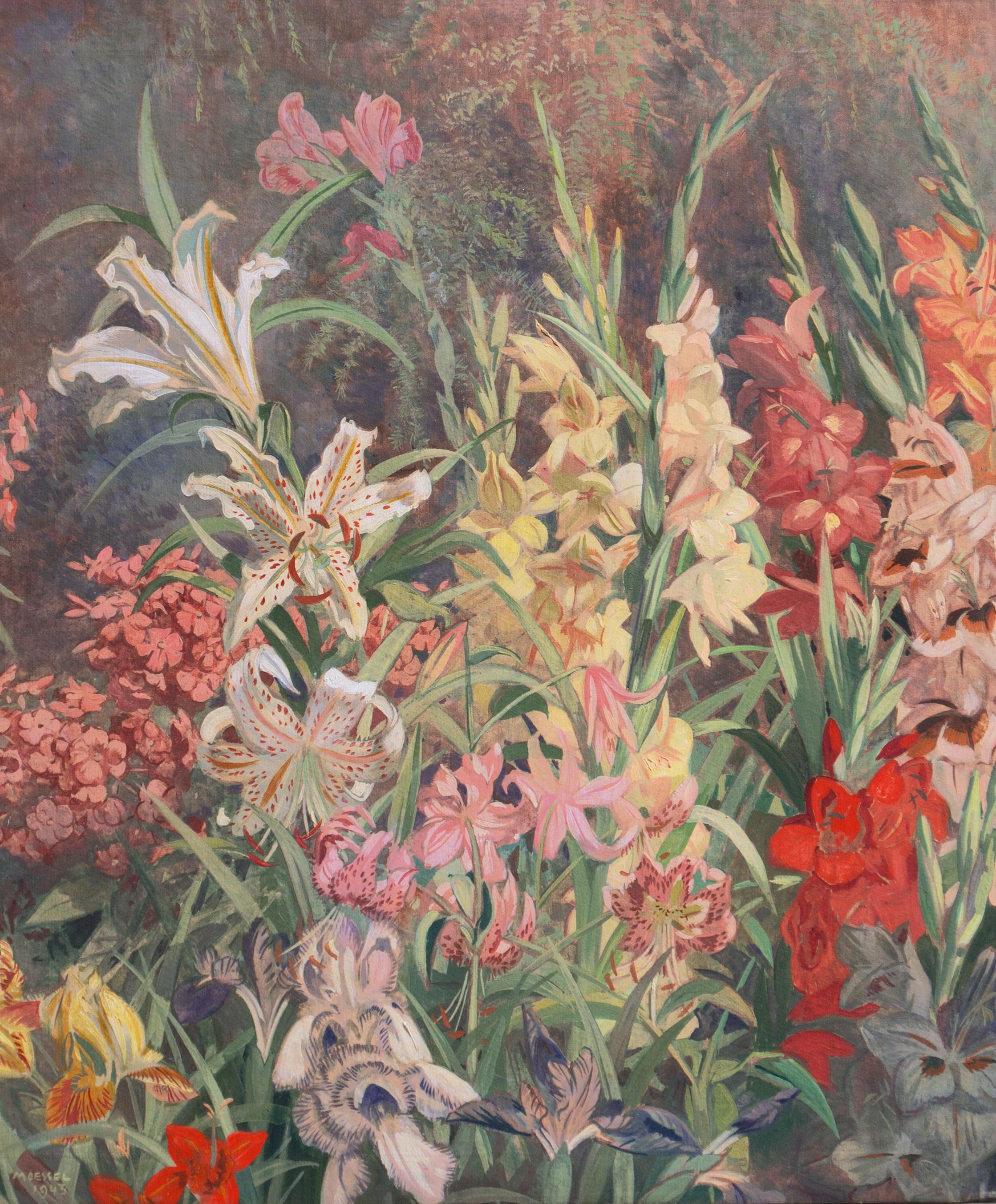 Signed lower left 'Moessel' for Julius Moessel (American, 1872-1960) and dated 1943; additionally titled verso, 'In the Artist's Garden'.

A substantial, mid-century horticultural oil showing a profusion of summer flowers including lilies and lupins