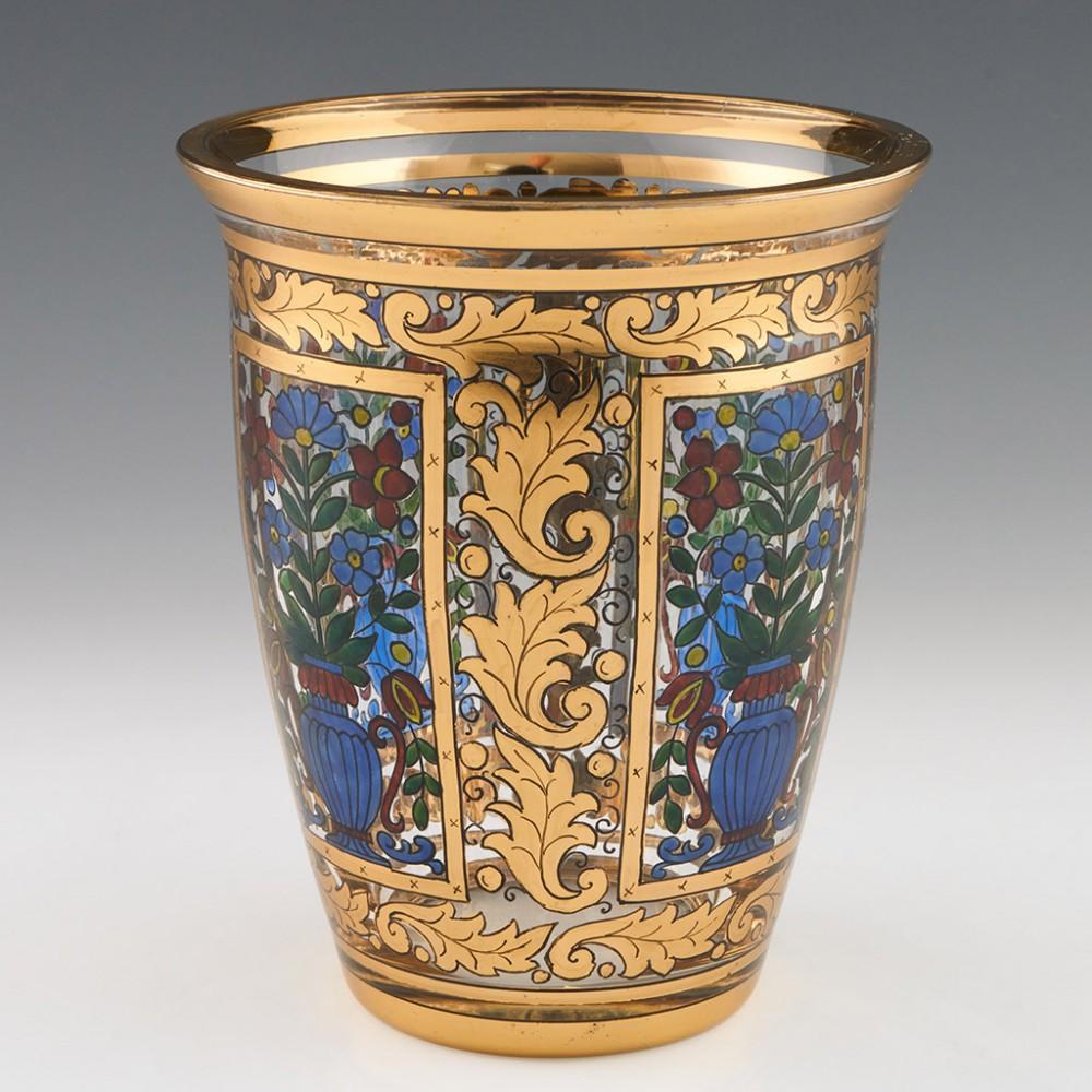Julius Mulhaus or Hermann Pautsch Decorated Jugendstil Vase, circa 1910

Additional Information: 
Date: circa 1910
Origin: Bohemia
Bowl Features: Richly gilded and enamelled with fllower and urns within cartouches
Type: Lead
Size: H 15.4 x