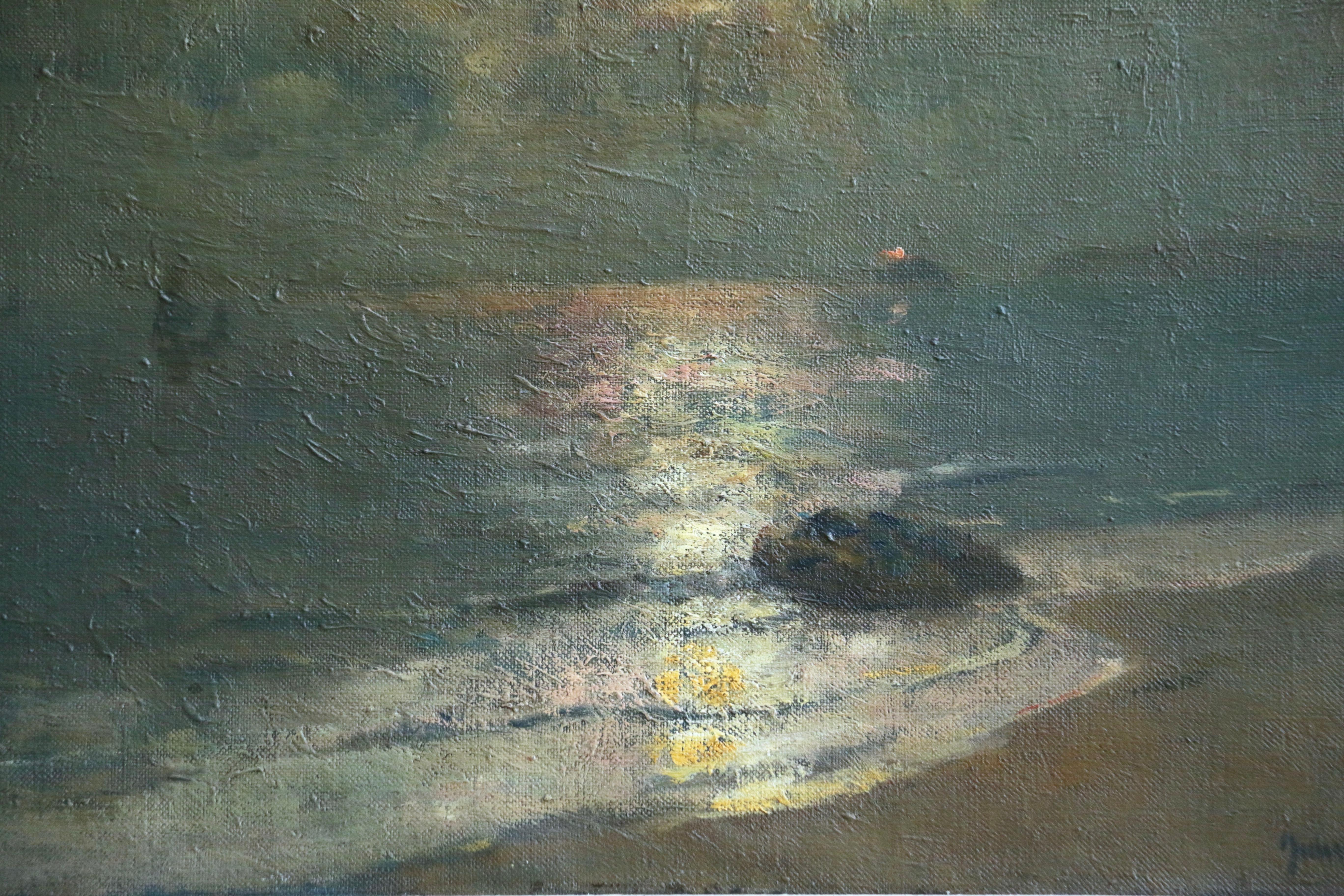 Phare de Godrevy à travers la baie de St Ives - Cornouailles - Gris Figurative Painting par Julius Olsson 