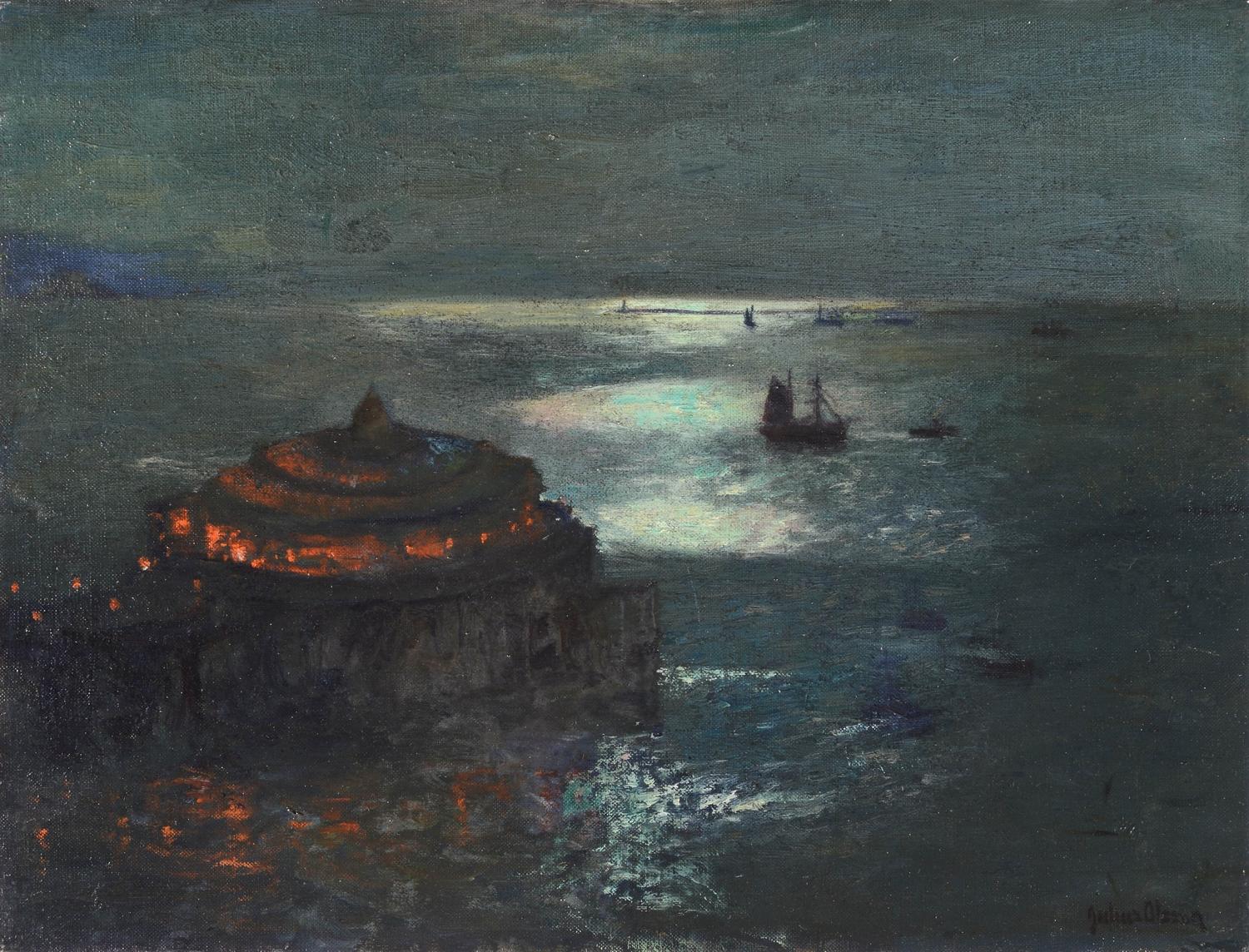 Julius Olsson  Landscape Painting - "The Pier, Plymouth - by Moonlight"