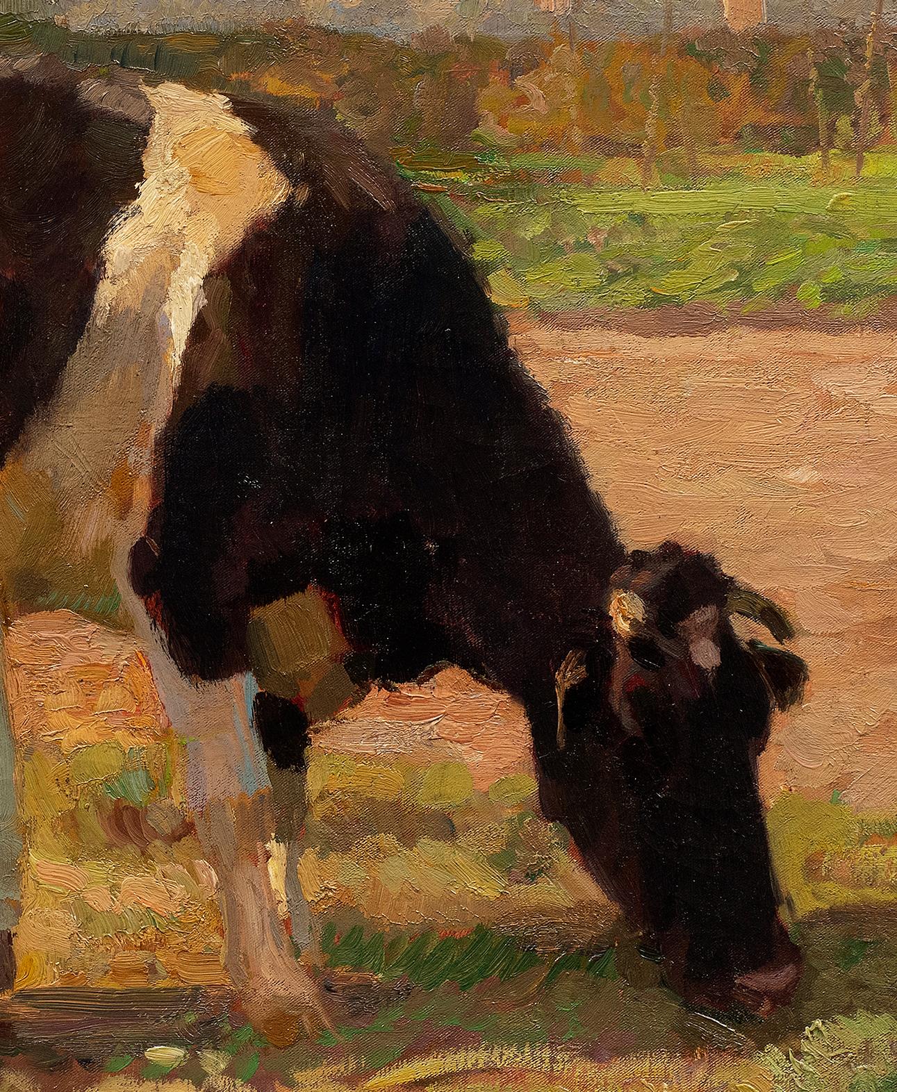 “Summer in the Pasture (Farmer’s Wife with Cow)”
(Sommertag auf der Weide (Bäuerin mit Kuh))
Paul Junghanns (German, 1876-1958)
Oil on Canvas
36 ¼ x 28 inches (43 ¾ x 35 ¼) 

This is a superb painting. On Junghann's finest pieces, such as this one,