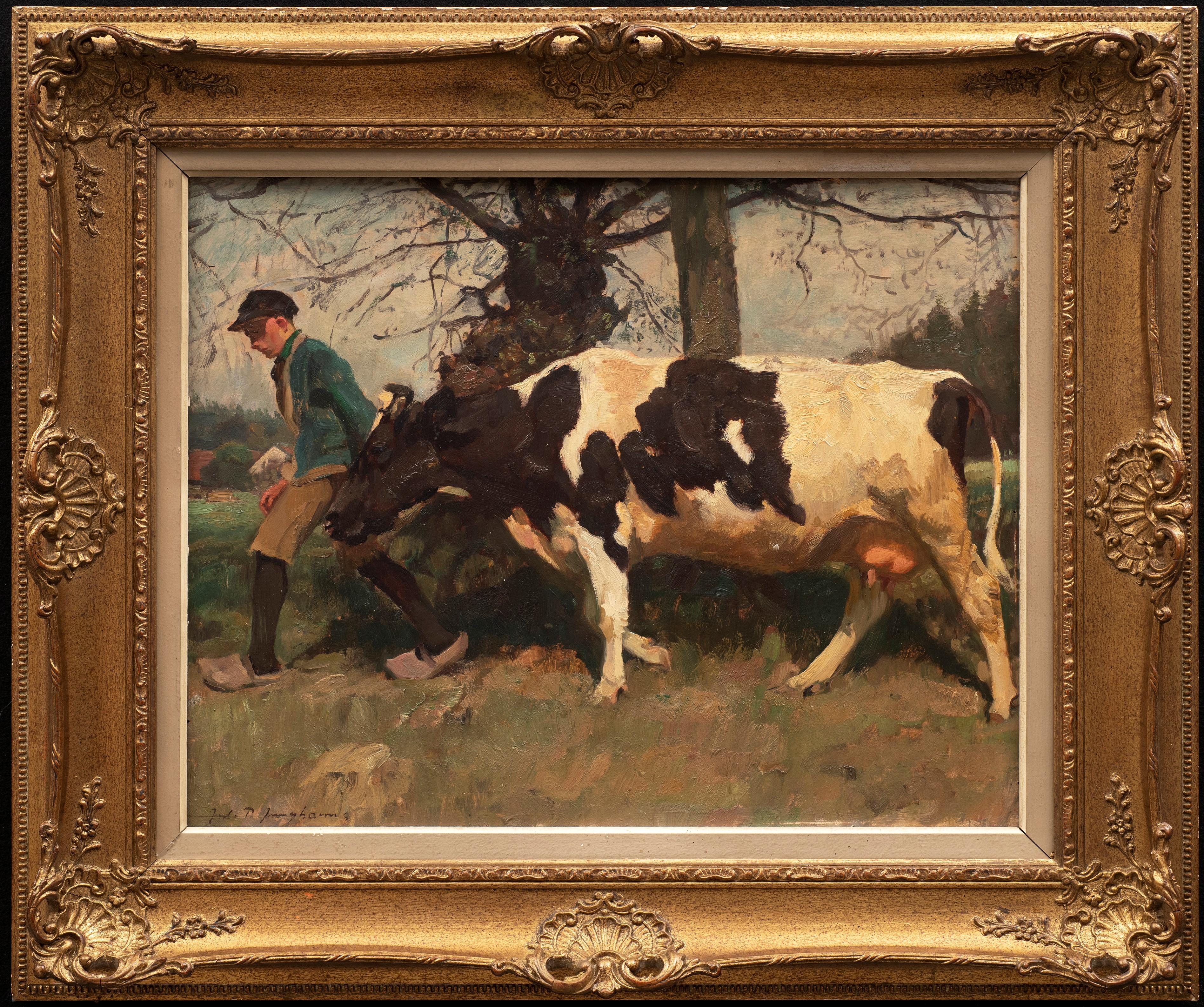 Cow Painting "Young Farmer Leading his Calf" Julius Paul Junghanns (1876-1958)