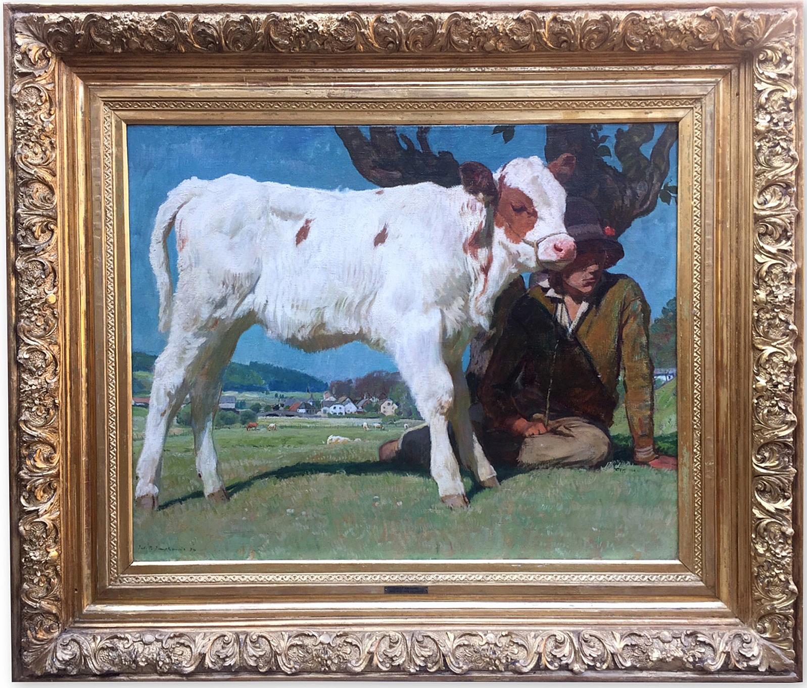 Peinture de vache ""Jeune berger avec veau Montbèliarde"" Julius Paul Junghanns 1934