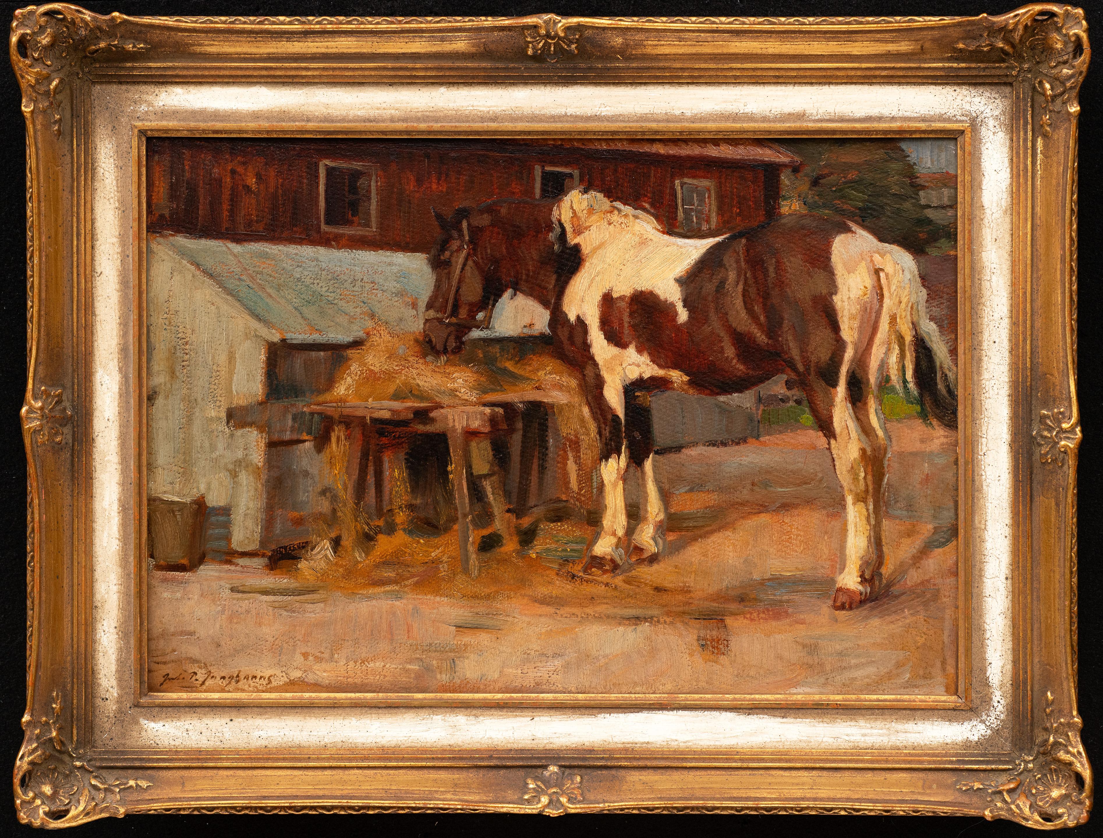 Pintura de caballos: "Caballo en el establo con heno" -Julius Paul Junghanns (1876-1958)