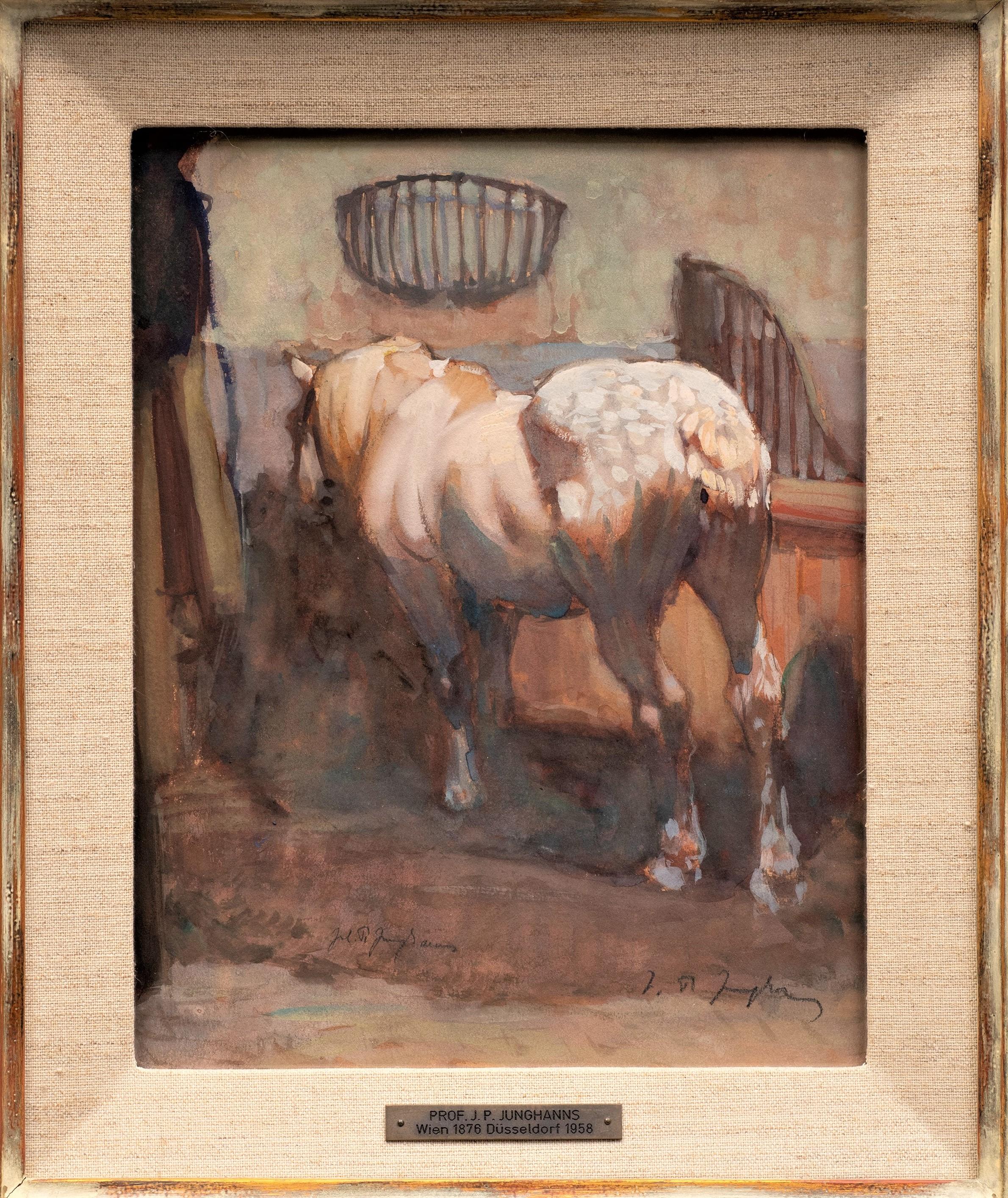 Peinture ancienne d'un cheval appleurant dans sa laisse Julius Paul Junghanns en vente 1