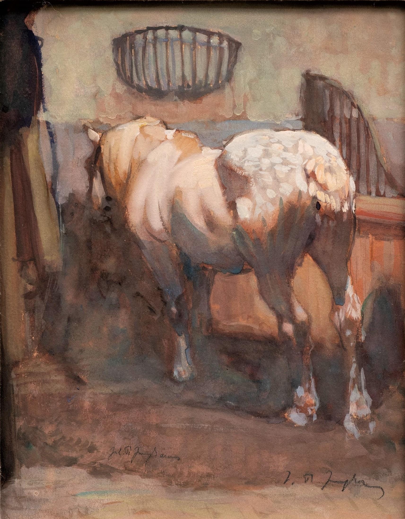 Peinture ancienne d'un cheval appleurant dans sa laisse Julius Paul Junghanns en vente 2