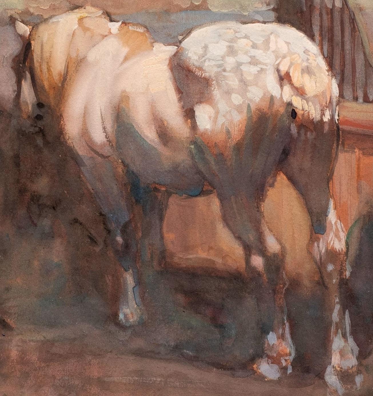 Antique Horse Painting
“Dapple Horse in its Stall”
Julius Paul Junghanns (German, 1876-1958)
Watercolor, gouache, paper
10 7/8 x 8 1/2 (18 x 5 1/4 frame) inches 
Signed lower left center and lower right

For a watercolor, this study of a dapple is