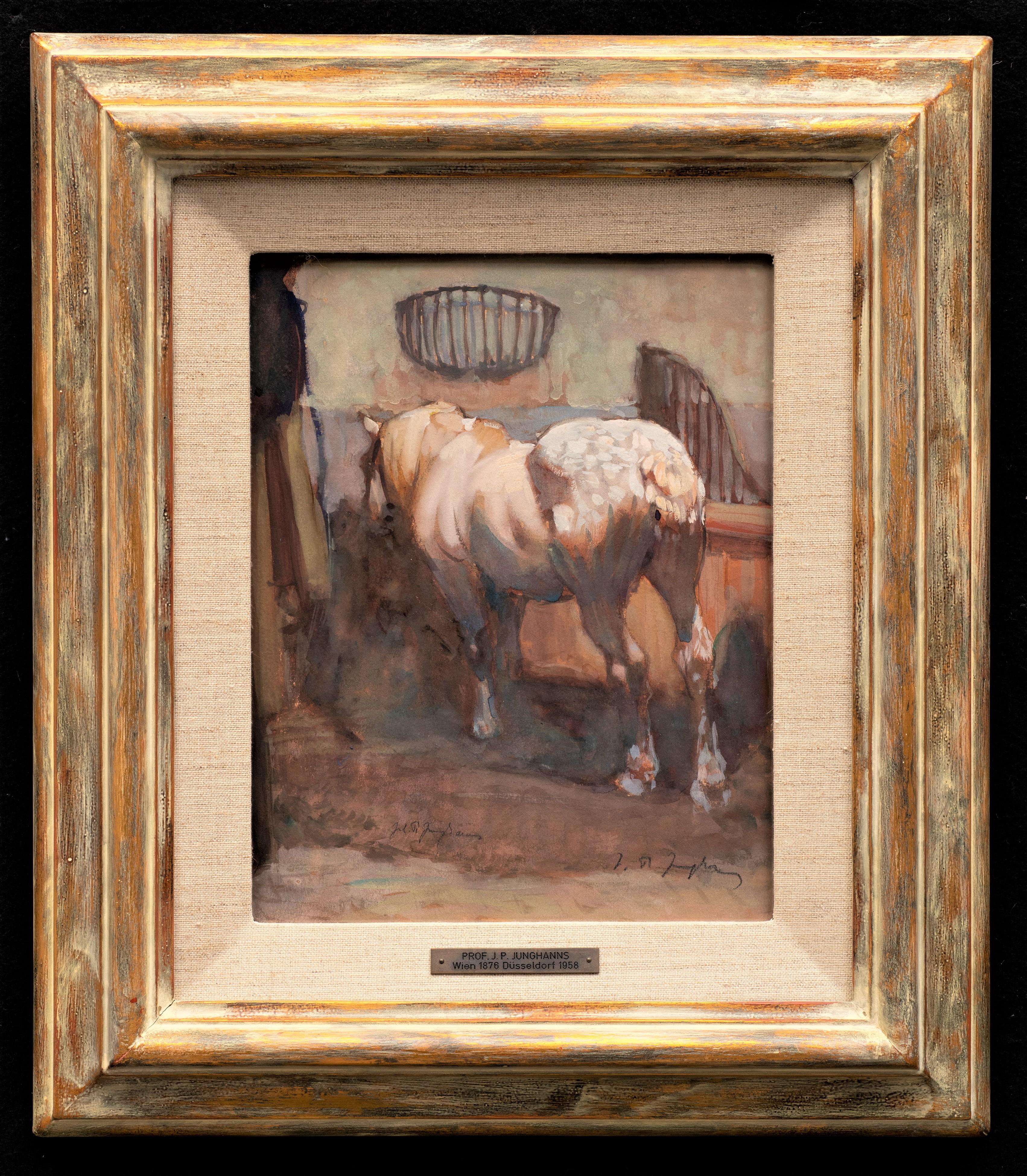 Peinture ancienne de cheval
"Cheval pommelé dans son box".
Julius Paul Junghanns (allemand, 1876-1958)
Aquarelle, gouache, papier
10 7/8 x 8 1/2 (18 x 5 1/4 cadre) pouces 
Signé en bas à gauche au centre et en bas à droite

Pour une aquarelle, cette