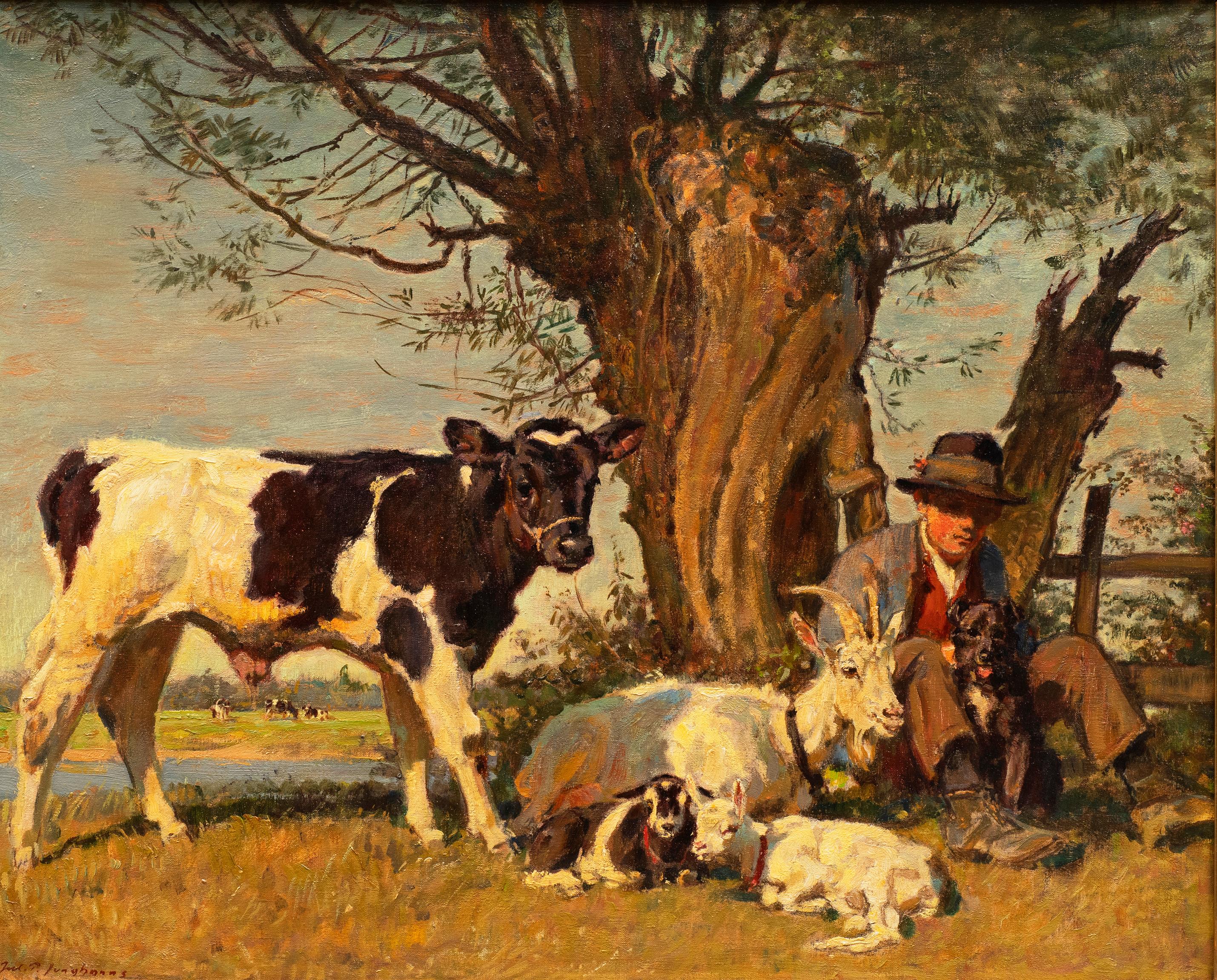 Antikes Tiergemälde „ Hirte mit Kalb, Ziege, Kid, Lamm und Hund“ – Painting von Julius Paul Junghanns