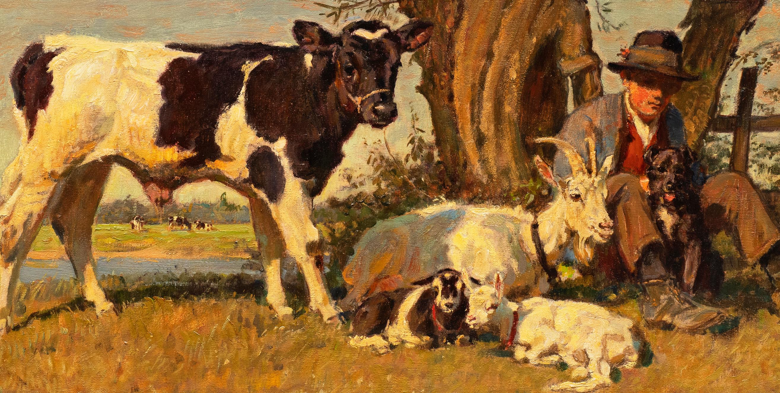 Antikes Tiergemälde „ Hirte mit Kalb, Ziege, Kid, Lamm und Hund“ (Post-Impressionismus), Painting, von Julius Paul Junghanns
