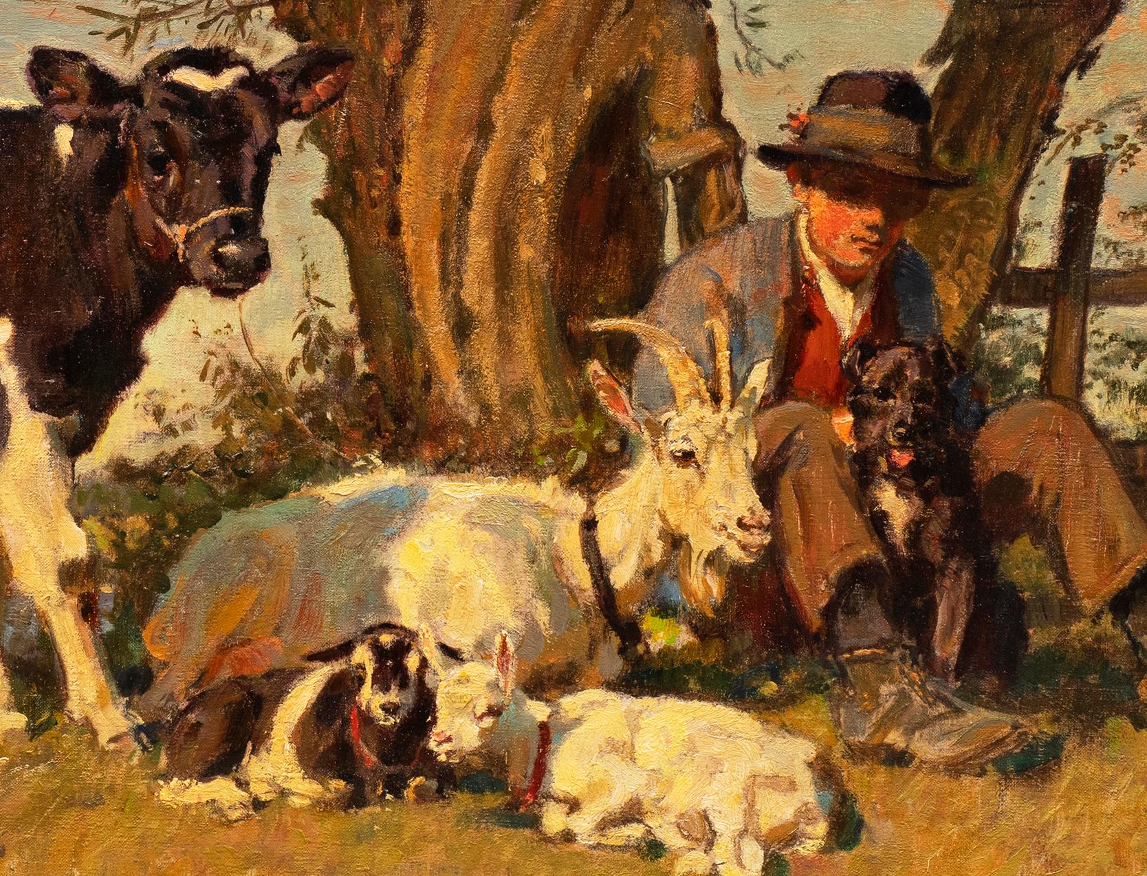 Antikes Tiergemälde „ Hirte mit Kalb, Ziege, Kid, Lamm und Hund“ (Braun), Animal Painting, von Julius Paul Junghanns