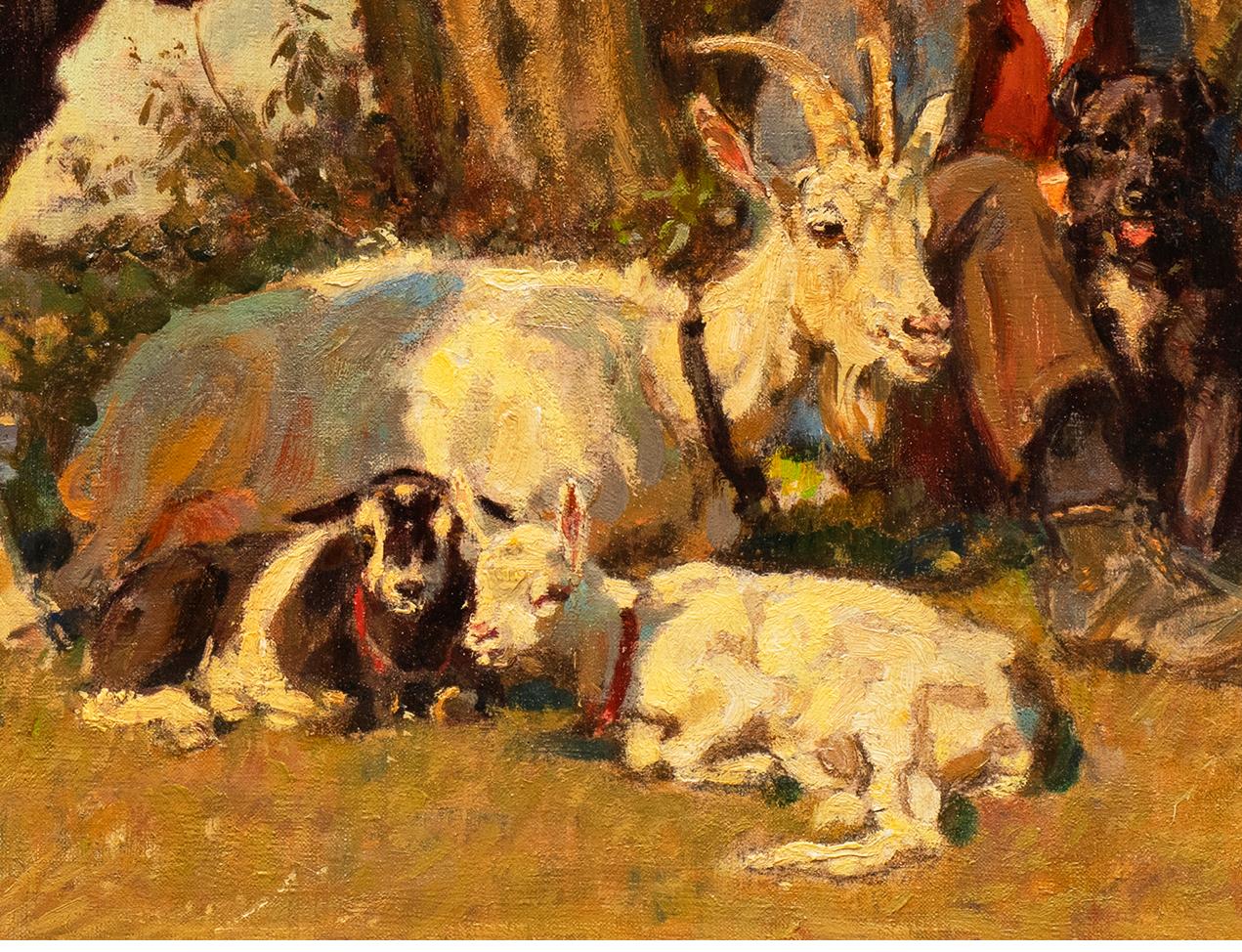 Antikes Tiergemälde „ Hirte mit Kalb, Ziege, Kid, Lamm und Hund“ im Angebot 1