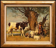 Peinture animalière ancienne "Garçon berger avec veau, chèvre, chevreau, agneau et chien".