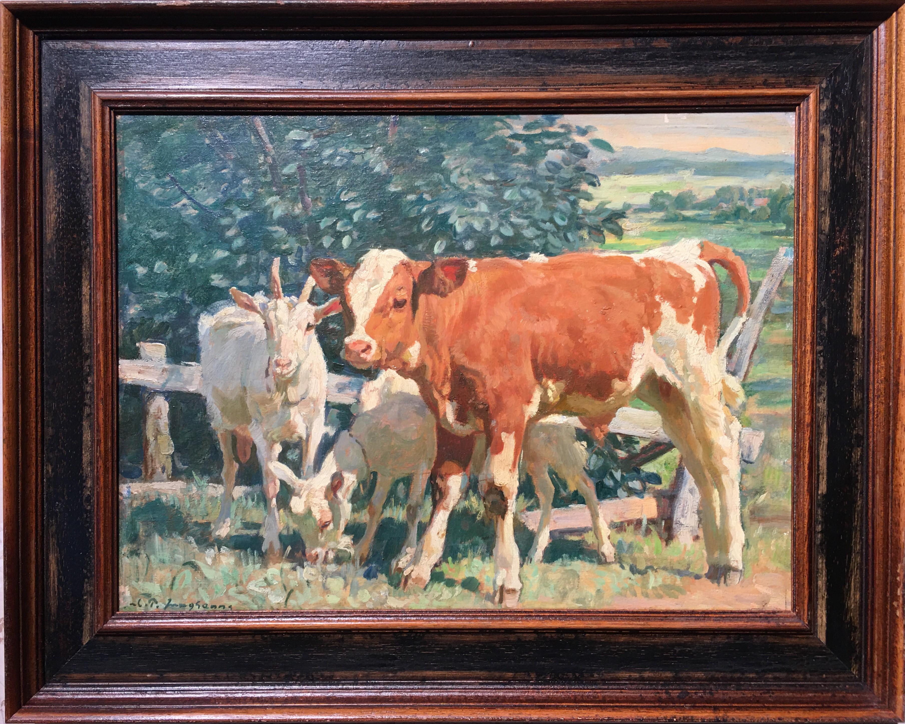 "Calf and Two Goats Grazing in the Meadow" 
Julius Paul Junghanns (German, 1876-1958)
Oil on canvas
Signed lower right
15 1/2 x 11 1/2 (20 x 16 frame) inches

Professor Julius Paul Junghanns (German, 1876-1958) attended the Academy of Fine Arts in