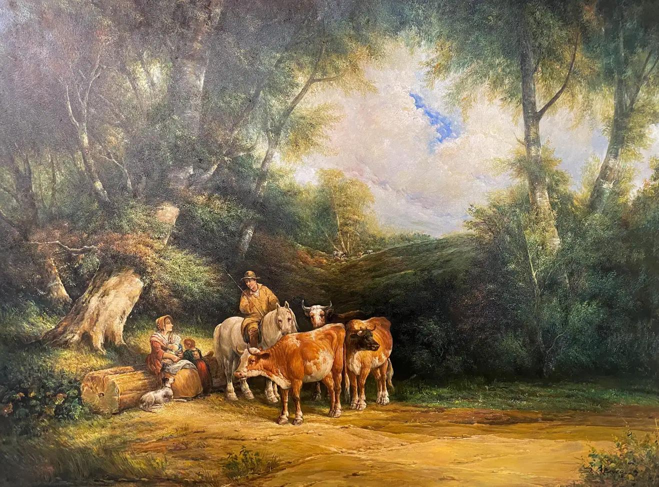 Großes impressionistisches Gemälde, Öl auf Leinwand, Bauern mit Rindern, gerahmt – Painting von Julius Paul Junghanns