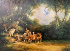 Large Impressionistic Oil on Canvas Painting of Farmers with Cattle, Framed