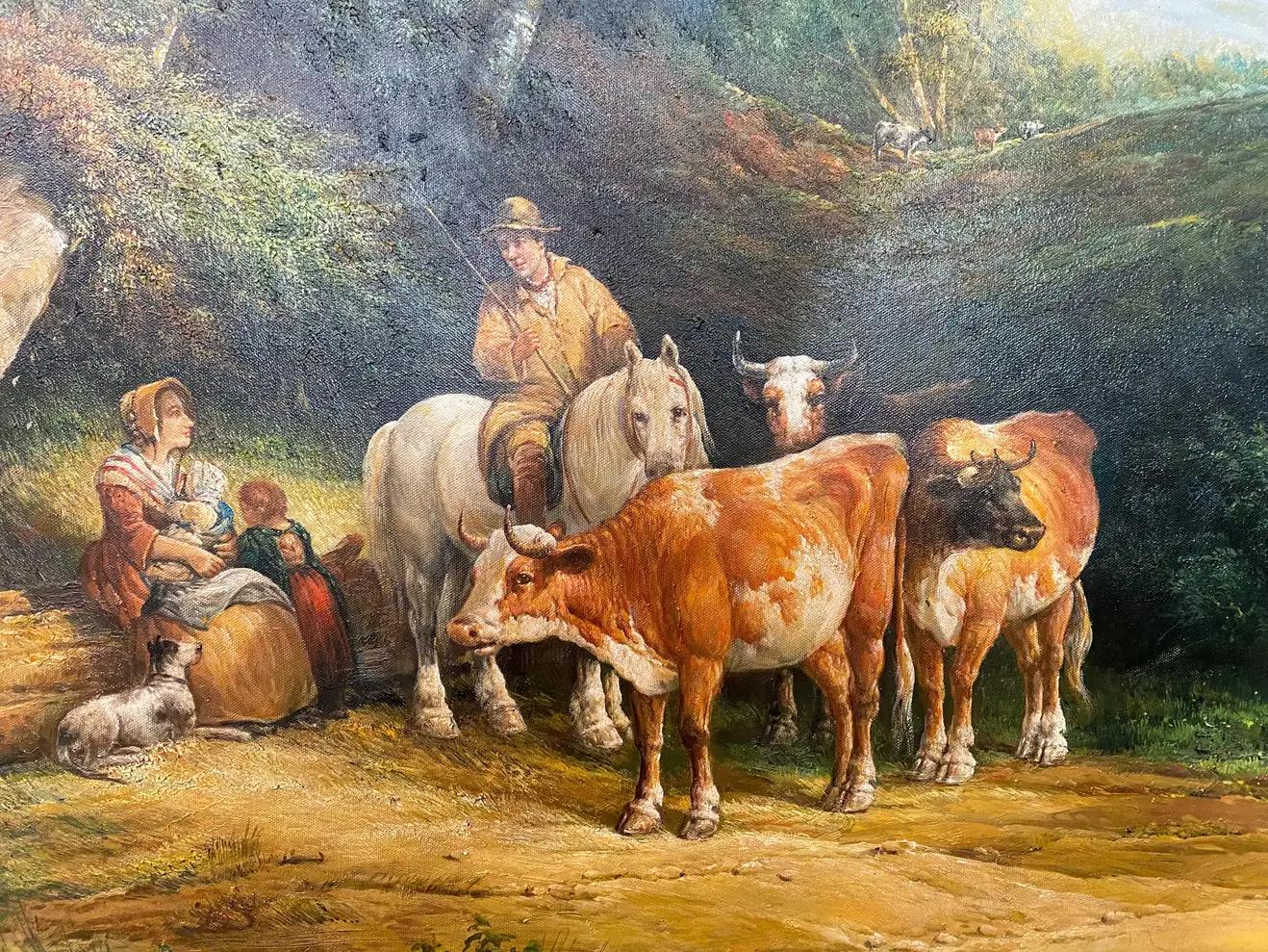 An exquisite large impressionistic painting of farmers with cattle in the manner of Julius Paul Junghanns (German, 1876-1958). The painting depicts a farmers' family with their dog and cattle resting in the middle of the woods surrounded by large