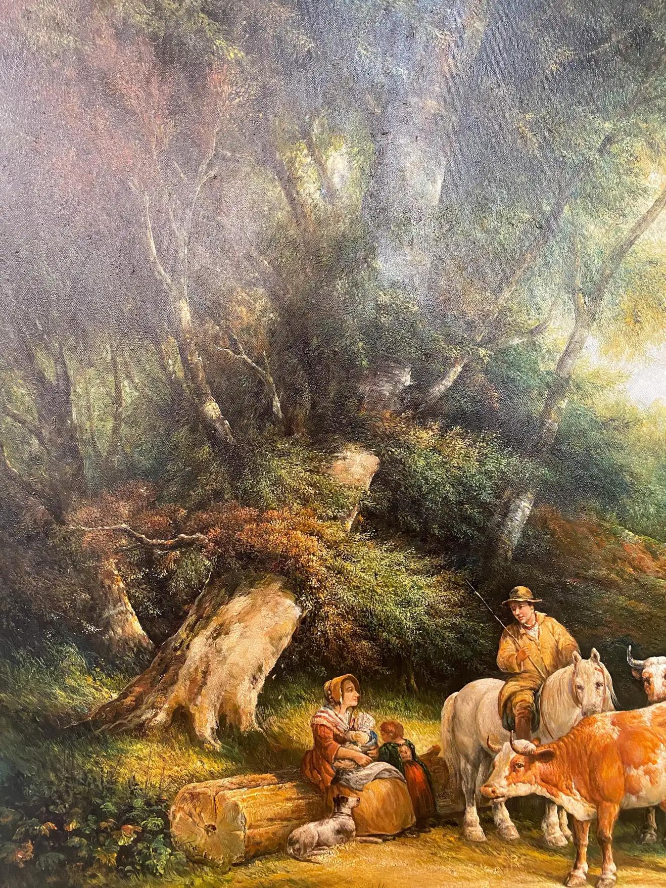 Une grande peinture impressionniste exquise de fermiers avec du bétail à la manière de Julius Paul Junghanns (allemand, 1876-1958). La peinture représente une famille de fermiers avec leur chien et leur bétail se reposant au milieu des bois entourés
