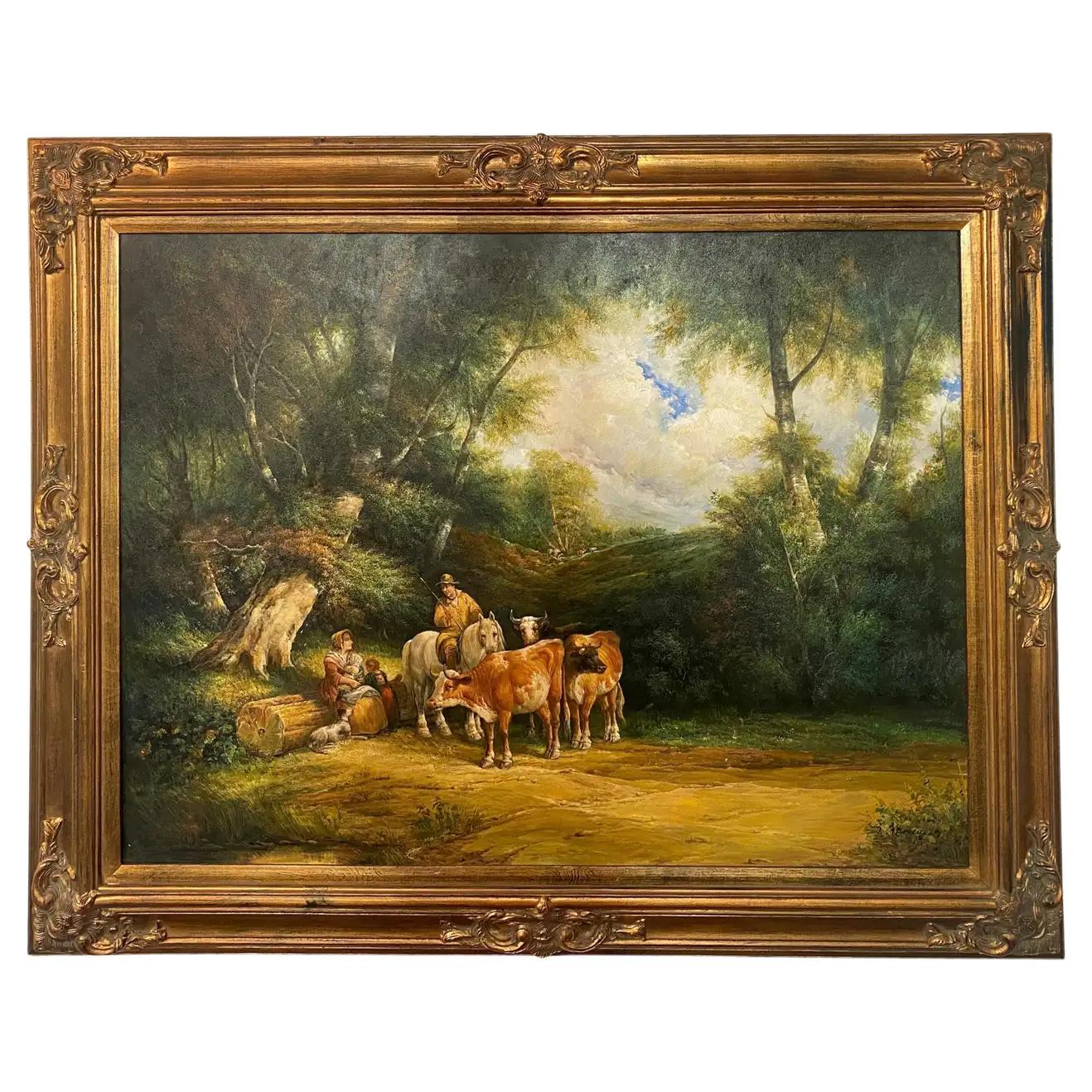 Grande peinture impressionniste à l'huile sur toile d'un fermier avec du bétail, encadrée