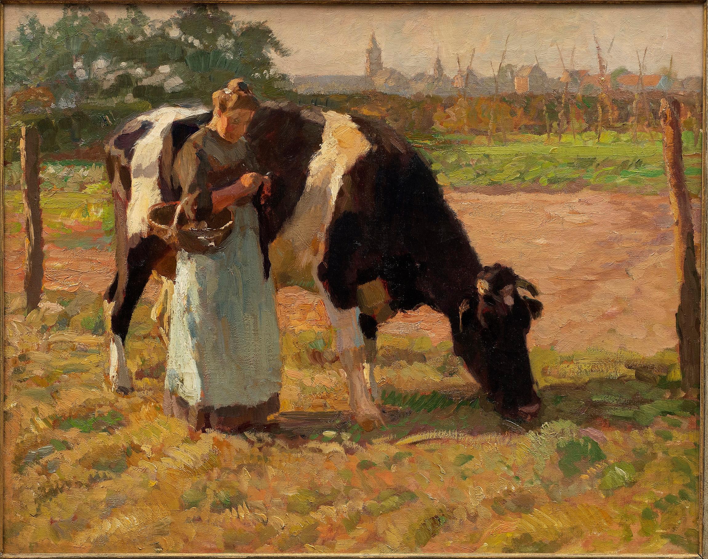 Sommer auf der Weide (Bäuerin mit Kuh) Paul Junghanns (1876-1958) – Painting von Julius Paul Junghanns