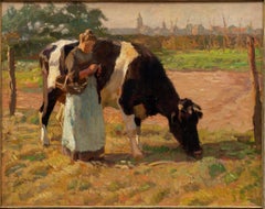 L'été dans le pâturage (la femme du fermier avec la vache) Paul Junghanns (1876-1958)