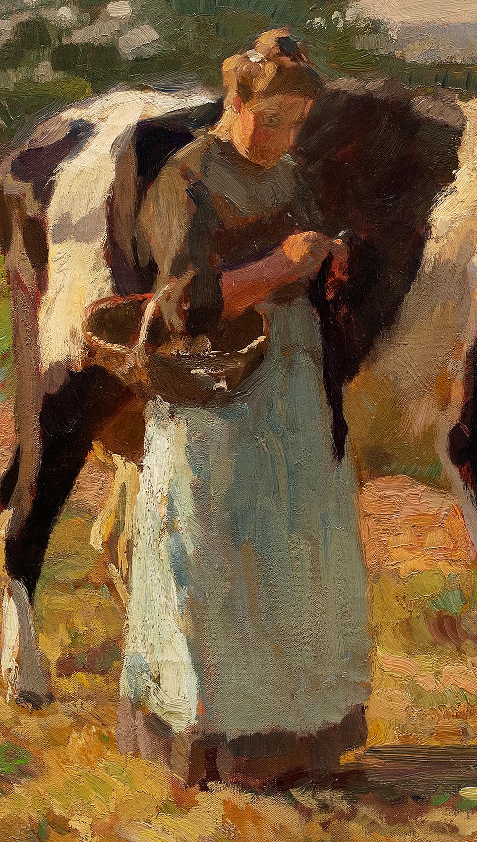 Sommer auf der Weide (Bäuerin mit Kuh) Paul Junghanns (1876-1958) (Braun), Landscape Painting, von Julius Paul Junghanns