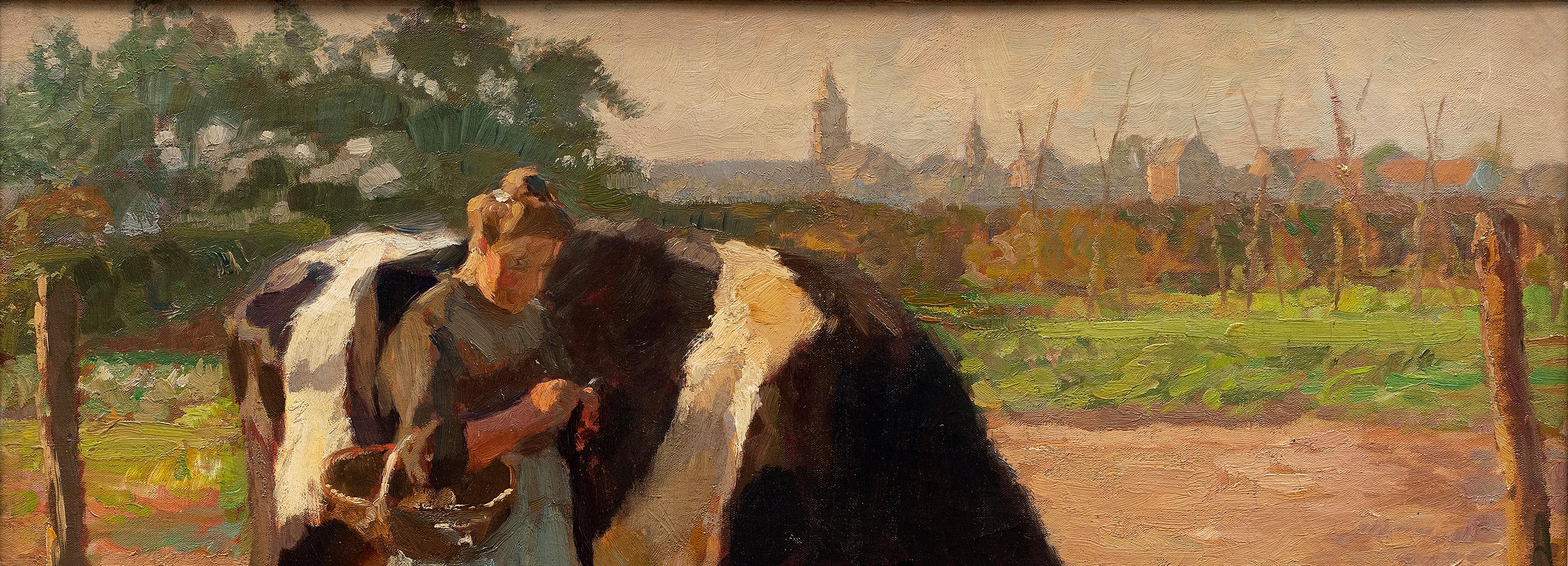 Sommer auf der Weide (Bäuerin mit Kuh) Paul Junghanns (1876-1958) im Angebot 1