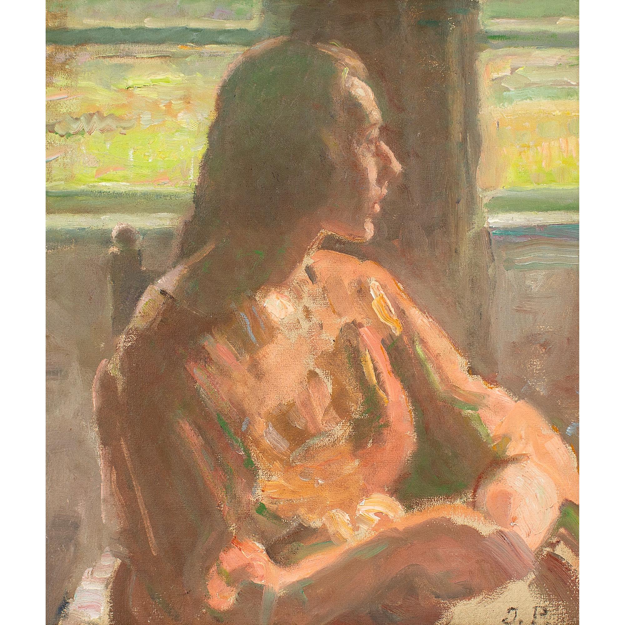 Questo incantevole dipinto a olio dell'inizio del XX secolo dell'artista danese Julius Paulsen (1860-1940) raffigura una donna seduta accanto a una finestra.

Persa nella sua immaginazione, guarda verso il giardino. Il fogliame è sottilmente