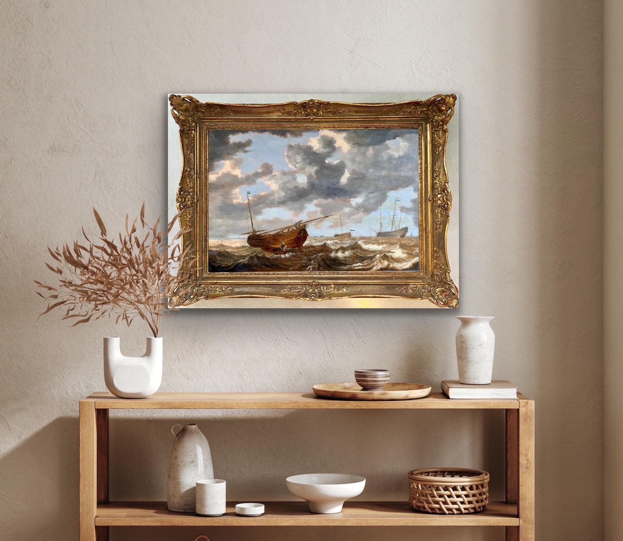 Paesaggio marino olandese antico del XVII secolo, Mare in tempesta con imbarcazioni tra cui un Hoy olandese e una nave da carico

Il presente dipinto è un paesaggio marino tranquillo, ma molto vivace e un bellissimo esempio di paesaggi marini