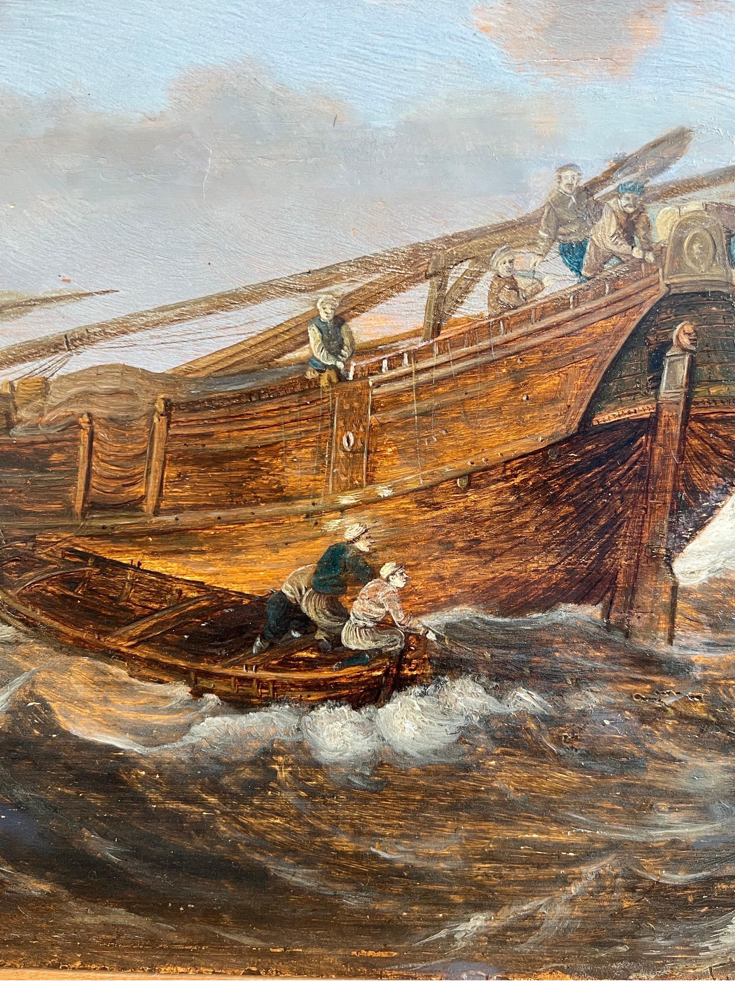 Niederländisches Seestück aus dem 17. Jahrhundert - Stürmische See mit einer holländischen Hoy - Marineboote im Angebot 2