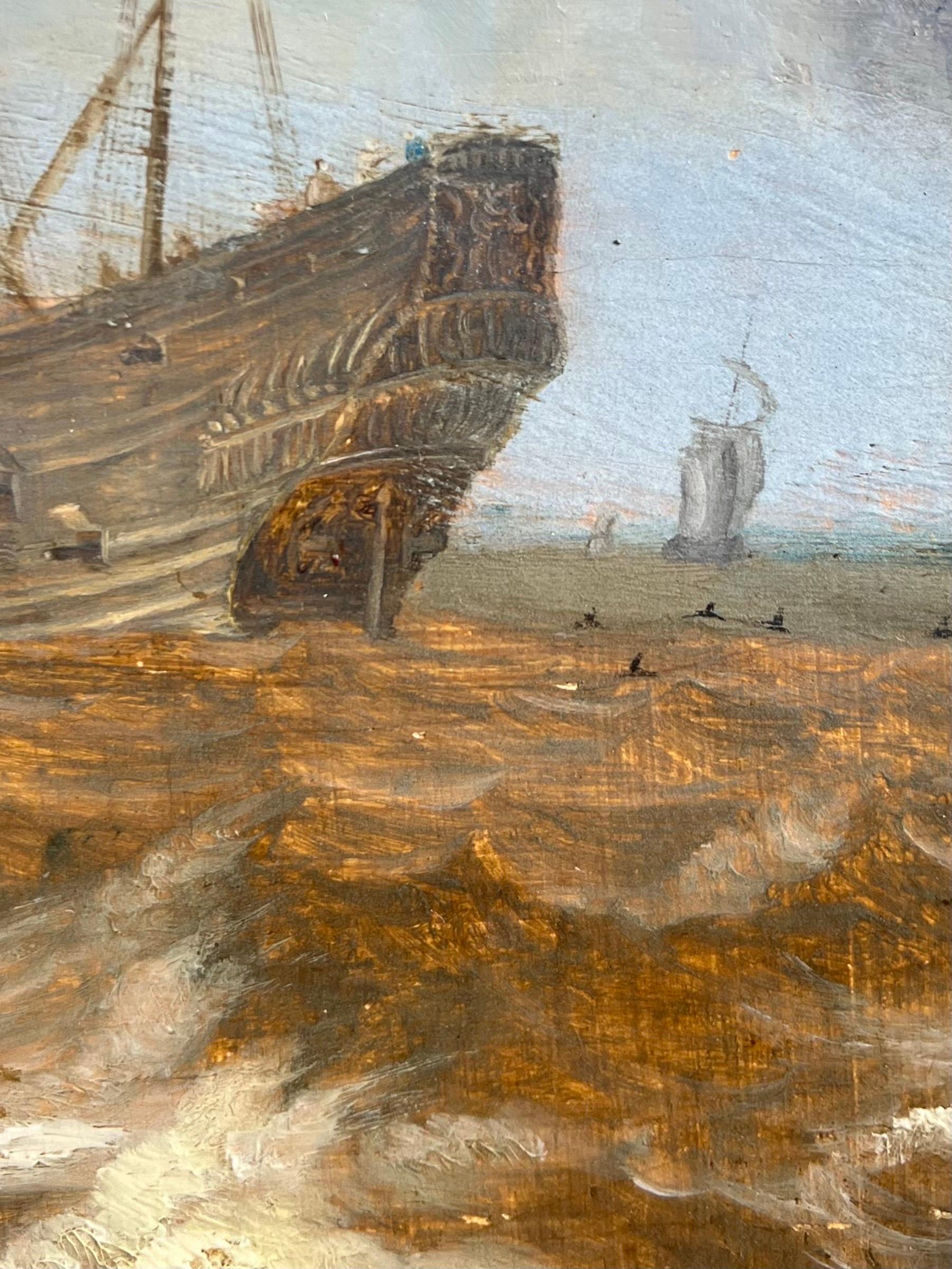 Niederländisches Seestück aus dem 17. Jahrhundert - Stürmische See mit einer holländischen Hoy - Marineboote im Angebot 3
