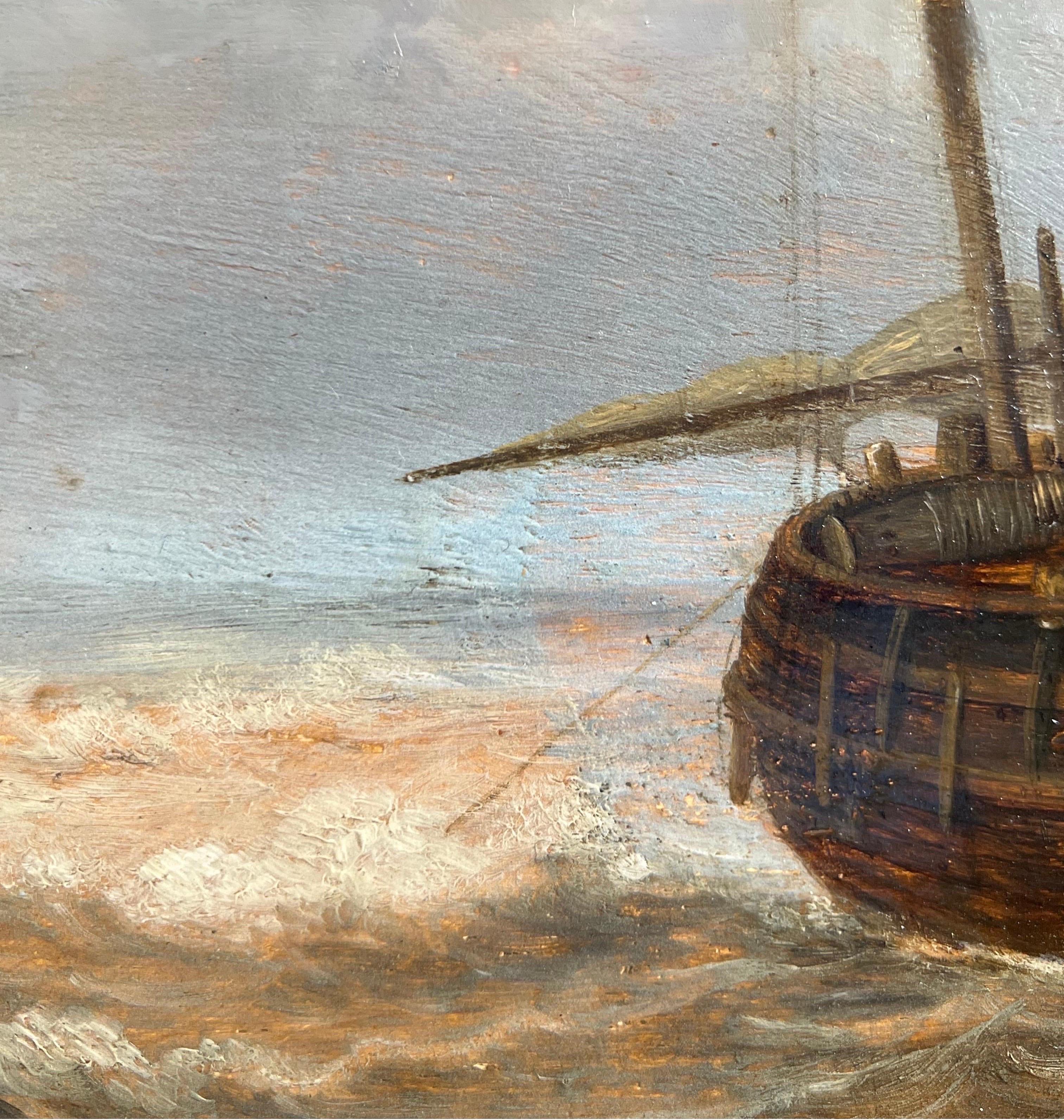Niederländisches Seestück aus dem 17. Jahrhundert - Stürmische See mit einer holländischen Hoy - Marineboote im Angebot 5