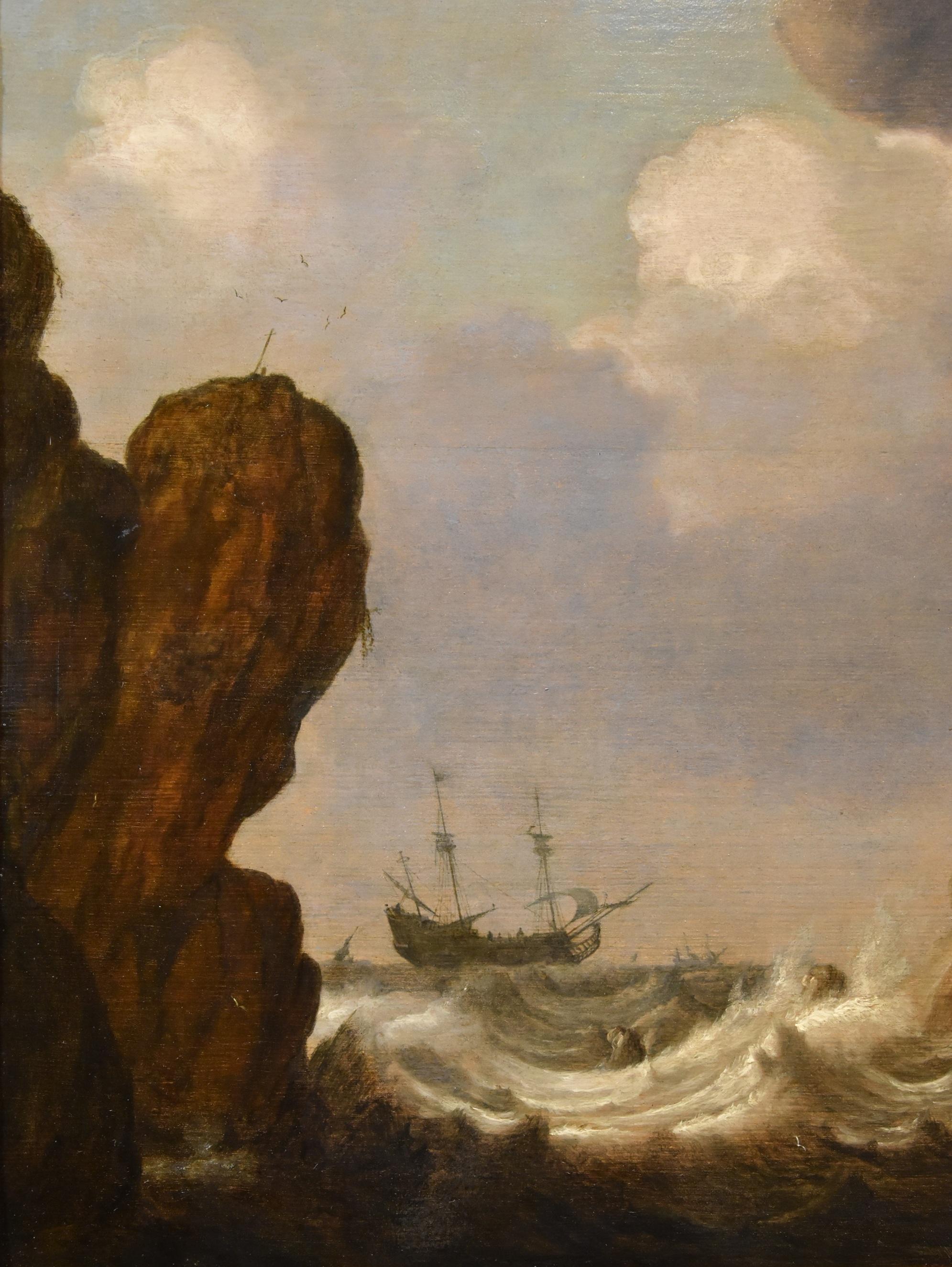 Seascape Ships Landscape Porcellis 17th Century Paint Oil on table Old master For Sale 7