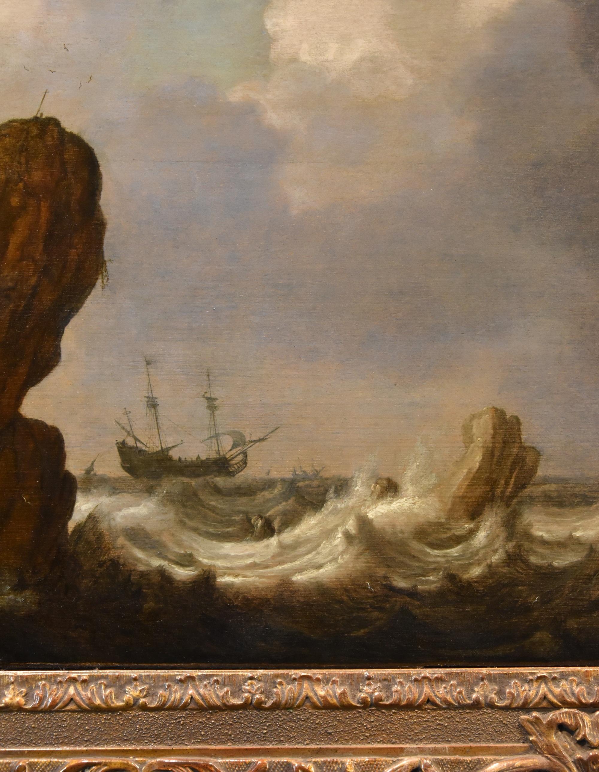 Seascape Ships Landscape Porcellis 17th Century Paint Oil on table Old master For Sale 8