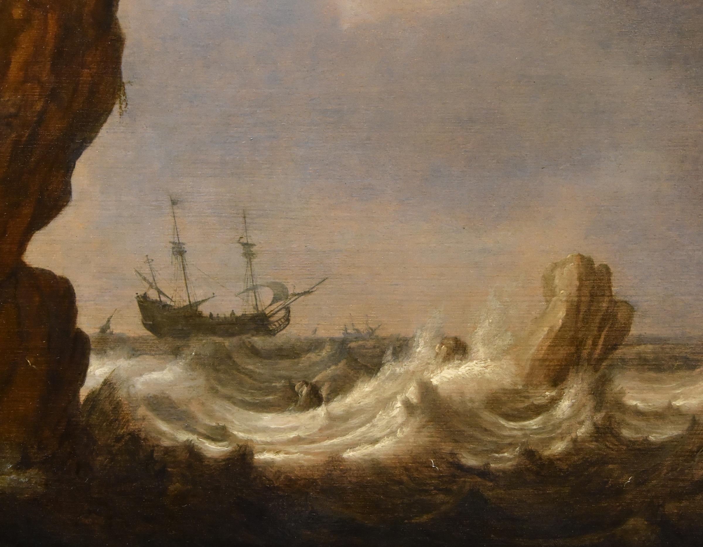 Seascape Ships Landscape Porcellis 17th Century Paint Oil on table Old master For Sale 9