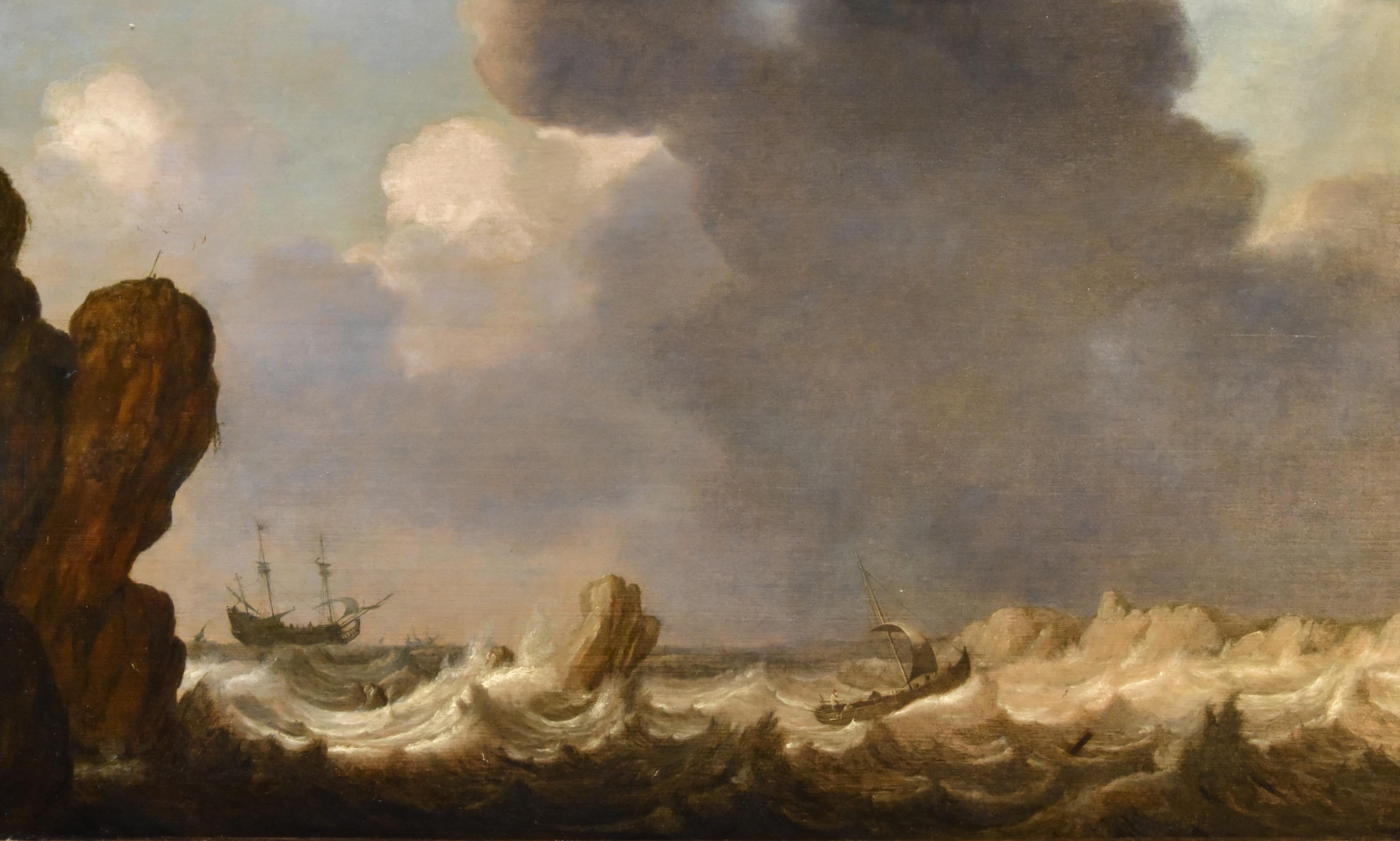 Seascape Ships Landscape Porcellis 17th Century Paint Oil on table Old master - Old Masters Painting by  Julius Porcellis (rotterdam 1610 – 1645 Leiden) 