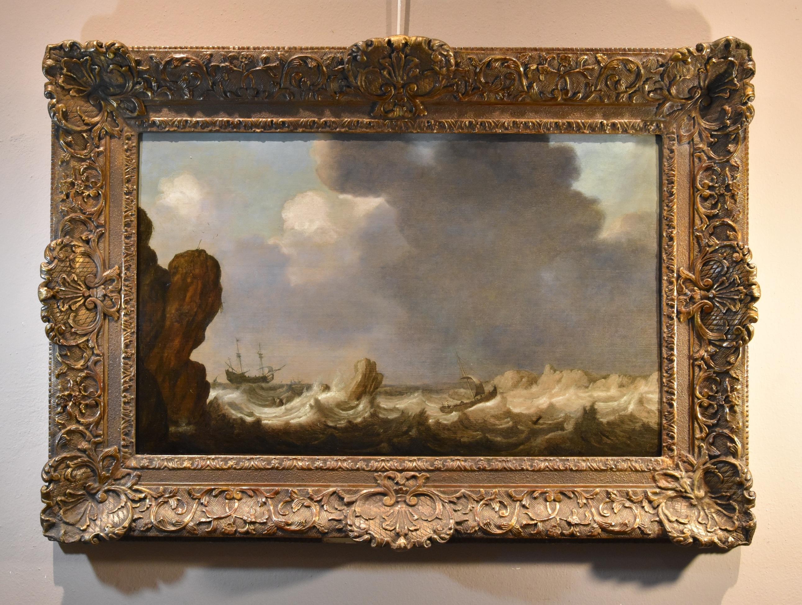 Julius Porcellis (Rotterdam 1610 – 1645 Leiden) attributable 

Seascape with ships  

Oil on wood panel (oak) 52 x 84 cm In gilded wood frame 77 x 108 cm  

The painting on display depicts an evocative seascape in stormy weather: the rough sea