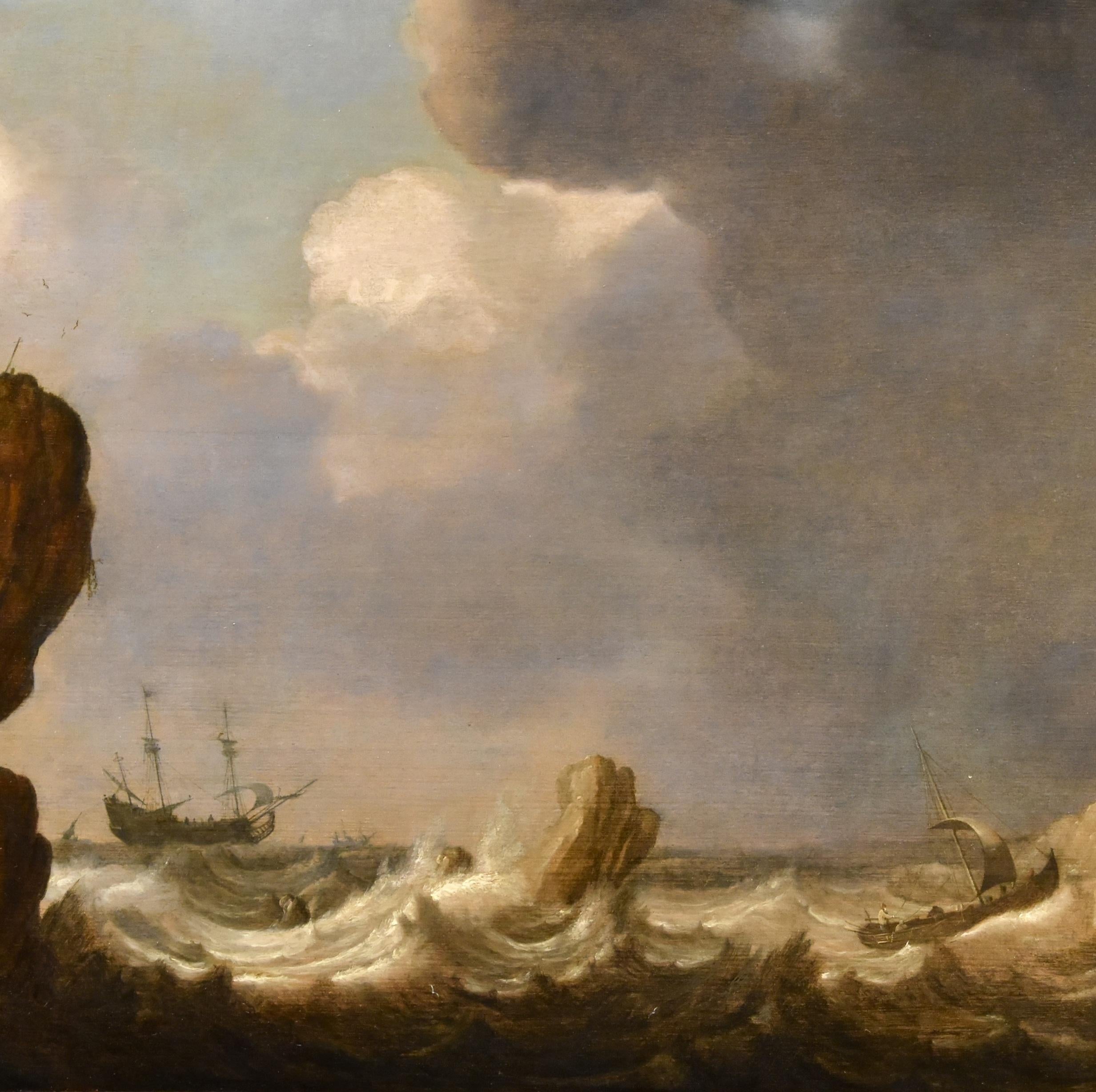 Seascape Ships Landscape Porcellis 17th Century Paint Oil on table Old master For Sale 1